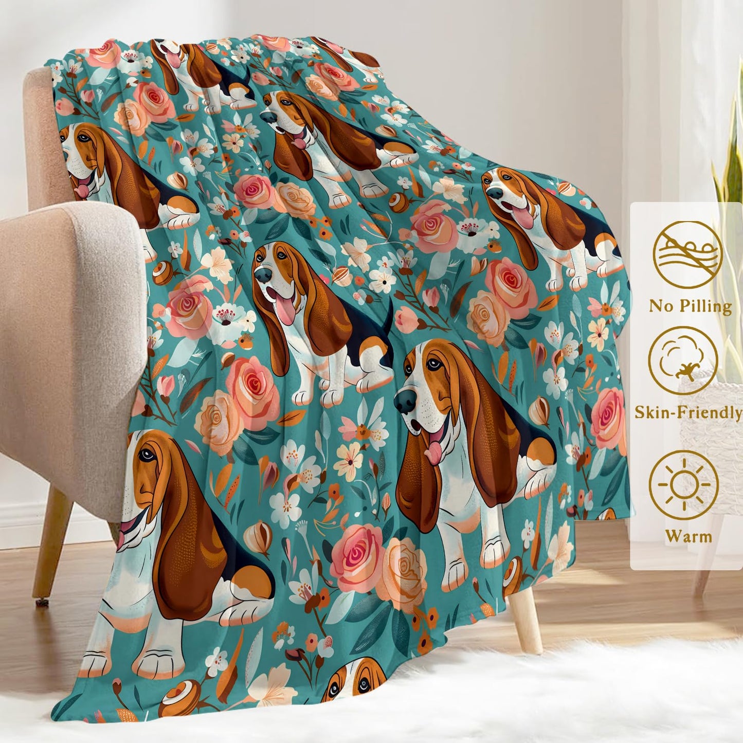 ainori Basset Hound Flannel Blanket - Lightweight Soft Cozy Gifts Blankets for Dog Lovers, Kids,Adult,Women,Charming Puppy Teal Background Art Style Throw,Elegant Home Room Modern Decor 50x60in