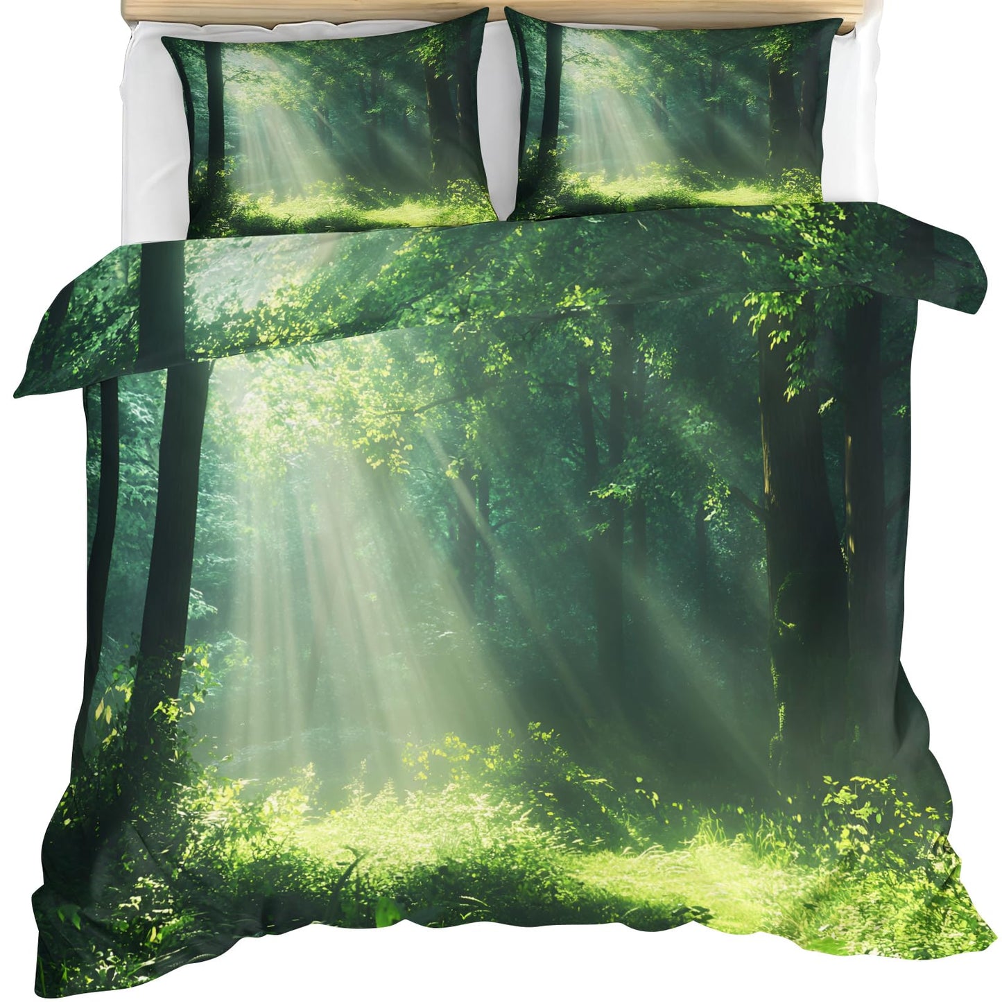 GKPLY Sunlit Forest Bedding Sets Queen, Misty Woodland Duvet Cover, Calm Nature Comforter Set, Zipper & Ties, 2 Pillowcases, Reversible Print, Serene Landscape Quilts & Home Decor, Easy Care