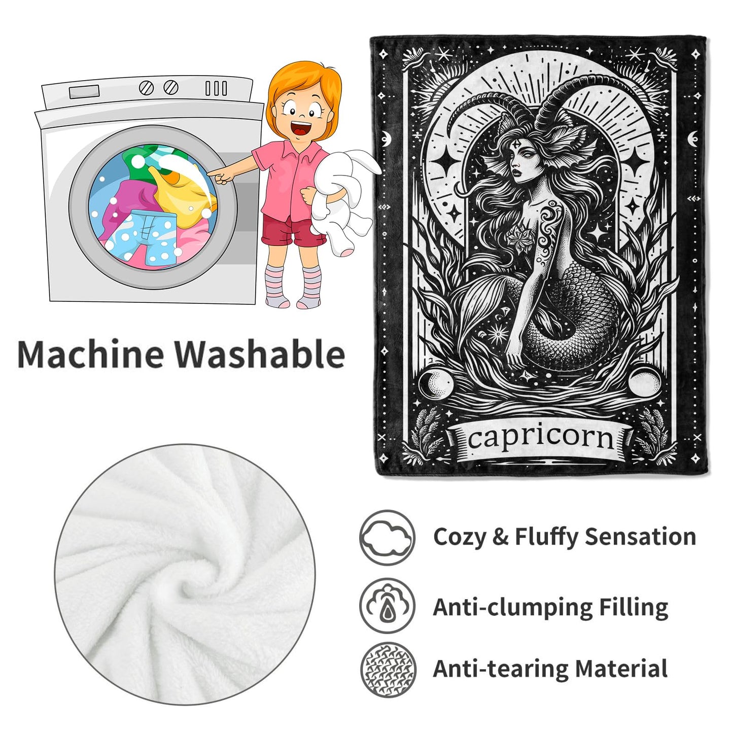 VODRM Capricorn Zodiac Blanket Astrology Throw Blankets,Birthday Gifts for Kids Adult & Wildlife Lovers,Lightweight Soft Fleece,for Sofa Couch Bed Room Mystical Artistic Decor 50x60in