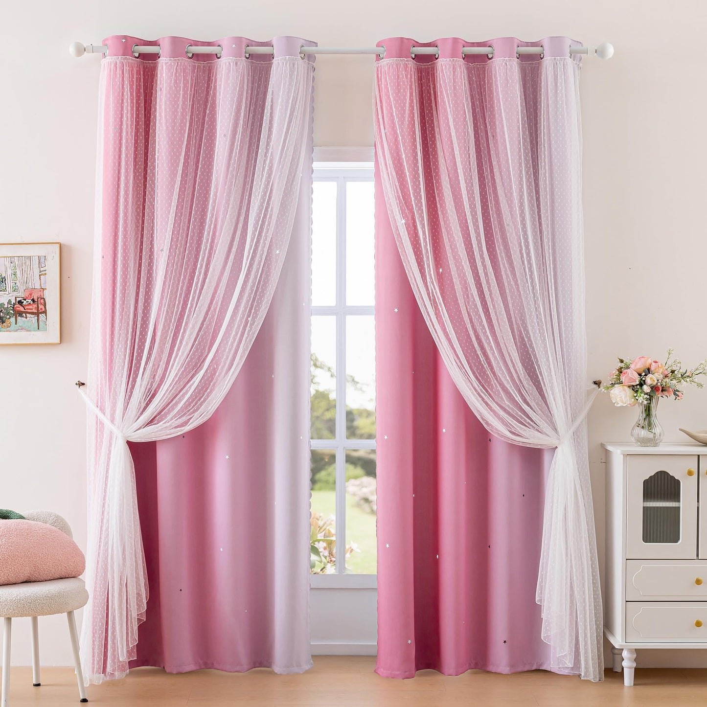 MYSKY HOME Pink Blackout Curtains for Girls Bedroom Decor Living Room, Hollow-Out Stars Grommet Window Ombre Curtain for Nursery Kids Room, W34 X L90 Inches Long, 2 Panels Set