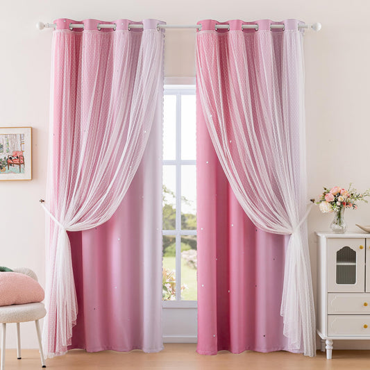 MYSKY HOME Pink Blackout Curtains for Girls Bedroom Decor Living Room, Hollow-Out Stars Grommet Window Ombre Curtain for Nursery Kids Room, W34 X L90 Inches Long, 2 Panels Set