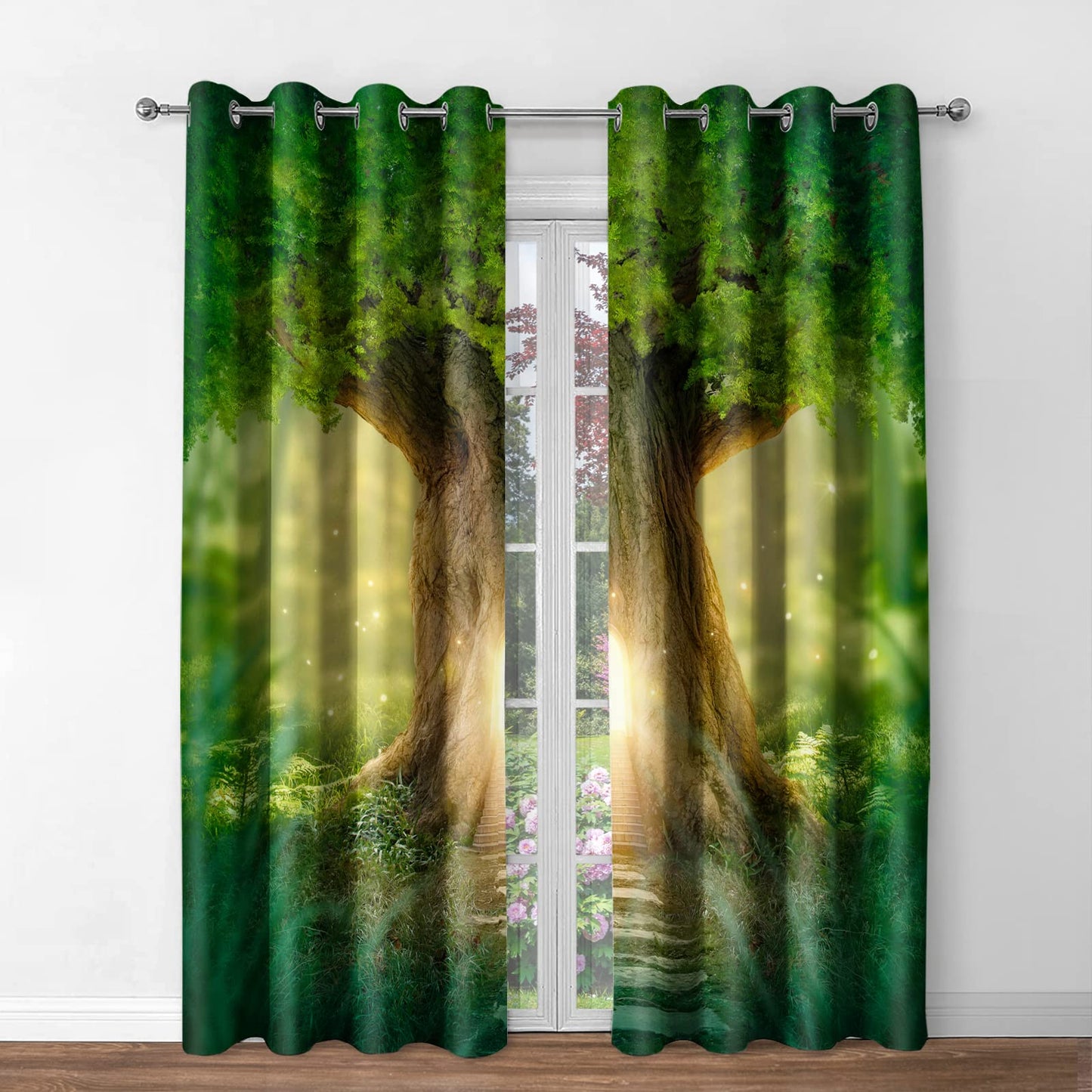Jekeno Fantasy Forest Tree Blackout Curtains Magic Tree Hole House Print Drapes Decor Home Bedroom Nursery Dorm Apartment Living Room Darkening Grommet Window Treatments 2 Panel Set, 52x84 Inch