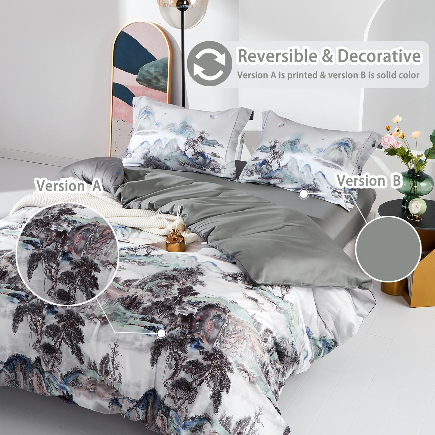 MILDLY 100% Long-Staple Cotton Duvet Cover Set Mountain Scenery Pattern Printed Comforter Cover 3pcs, Ultra Soft & Breathable Bedding Set
