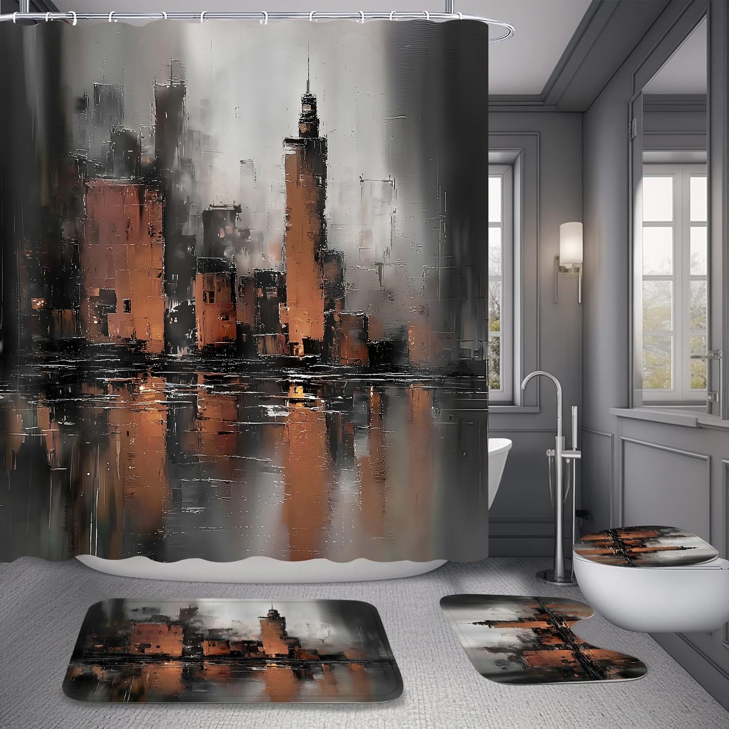 Yddsky 4 Pcs Black and Brown Geometric Shower Curtain Sets with Rugs Black Bathroom Sets with Shower Curtain and Rugs Modern Bathroom Curtains with Toilet Lid Cover for Bathroom Decor Accessories