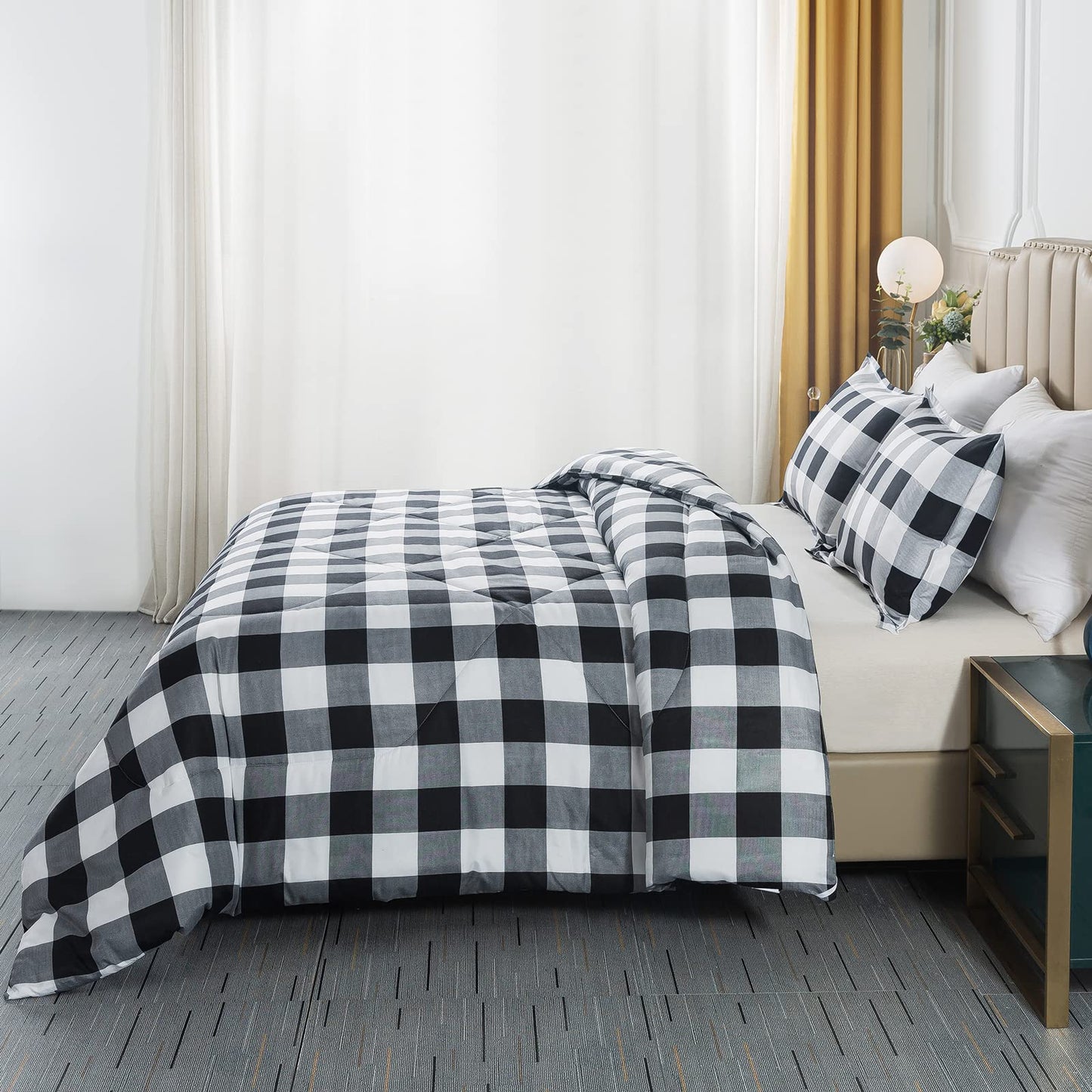 Caressma Buffalo Plaid Comforter Set Queen, Black White Buffalo Plaid Comforter Bedding Set for All Seasons, Classic Gingham Pattern Print Soft Microfiber 3 Pieces Comforter with Pillowcases