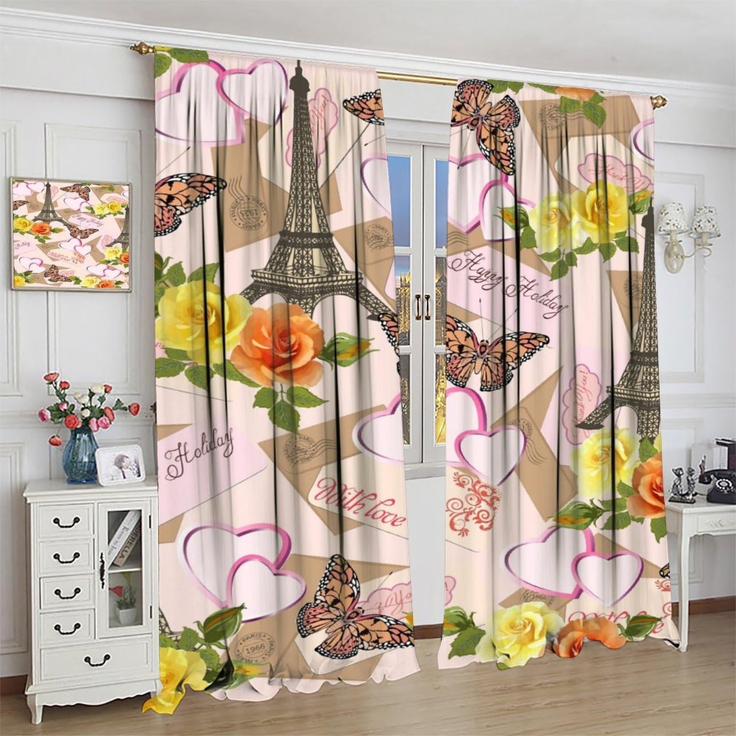 Focusbrite Paris Eiffel Tower Curtains Retro Flowers Butterfly Vintage Tower Pattern Blackout Print Rod Pocket Window Drapes for Bedroom Living Room Set 2 Panels,42x45 Inches