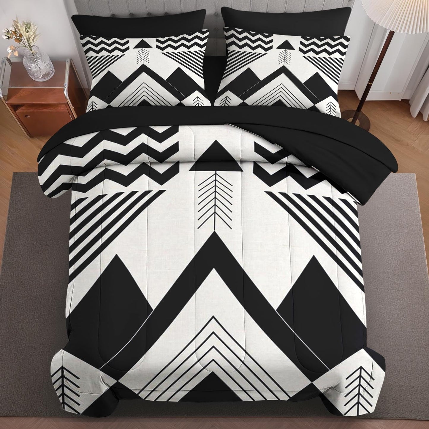 Boewywh Comforter Set Twin Size Mountain Geometric Boho 7 Pcs, Bedding for Kids and Adults, Aztec Black Bed Sheet Sets with Fitted Sheet 2 Pillowcases & 2 Shams for Bedroom Bed Decor