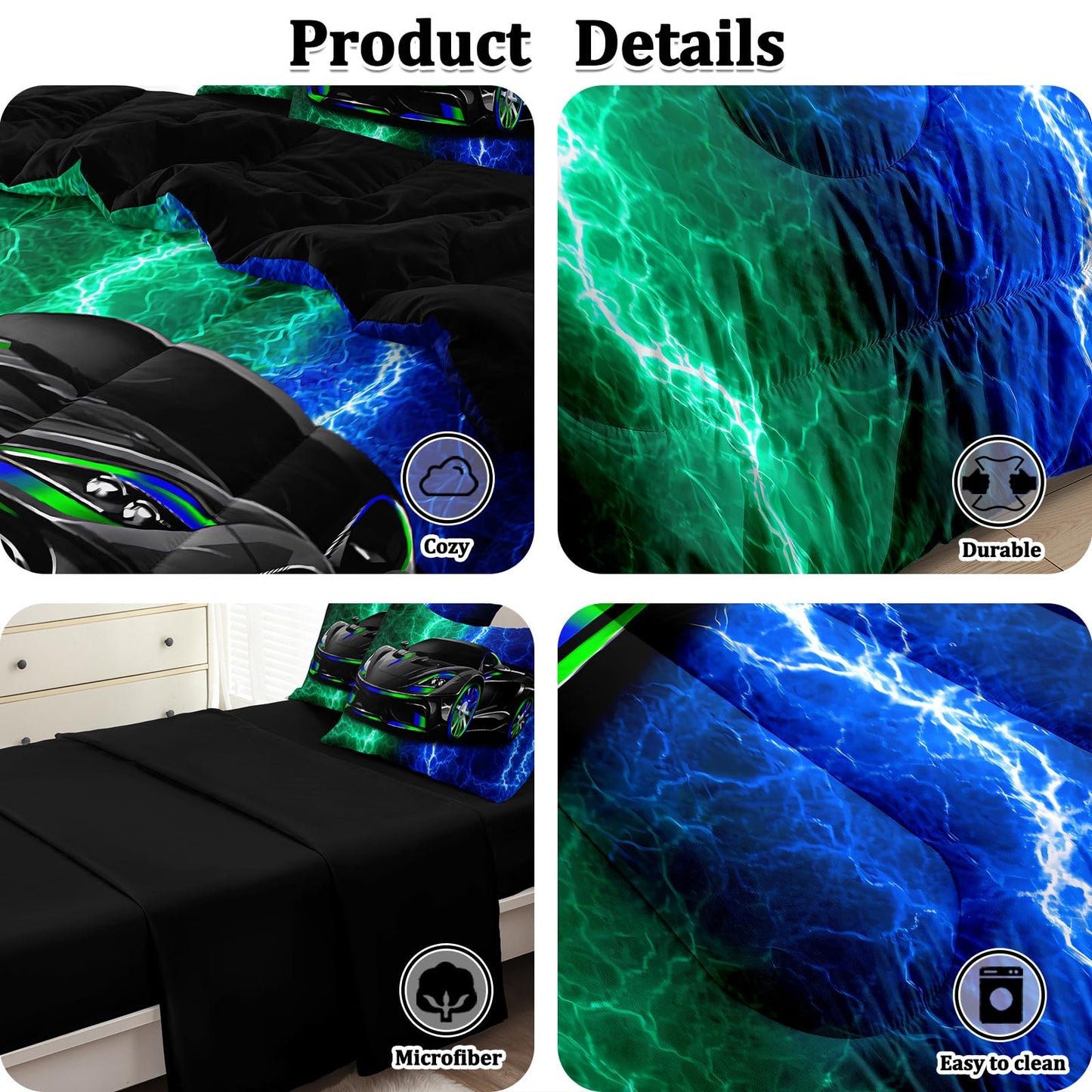BERTSUCA 5 Pcs Car Comforter Sets for Boys, Cool Blue Green Lightnings Bed in A Bag Full Size Car Bedding Set for Boys Kids