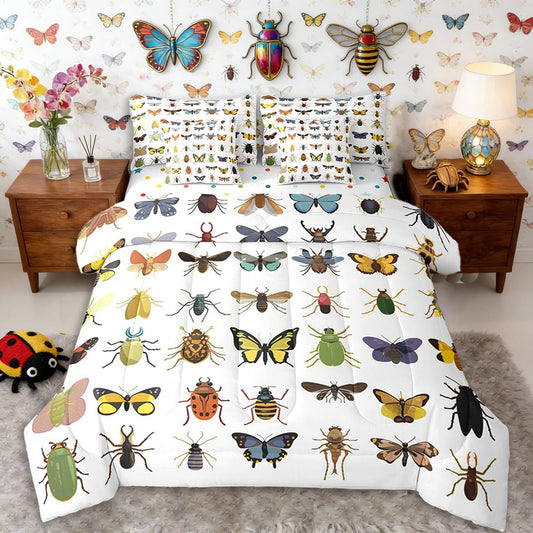 Watercolor Moth Bed in a Bag Queen Comforter Set 7 Piece | Dragonfly Butterfly Bedding Sets Colored Bugs Ladybug Comforter and Sheet Set, Scorpion Spider Bee Animal Colorful Reptile Bed Sets