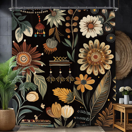Yookeb Black Flower Botanical Bathroom Shower Curtain 60W by 71H Inch Vintage Bohemian Blossom Plant Polyester Fabric 12 Plastic Hooks Waterproof Decor