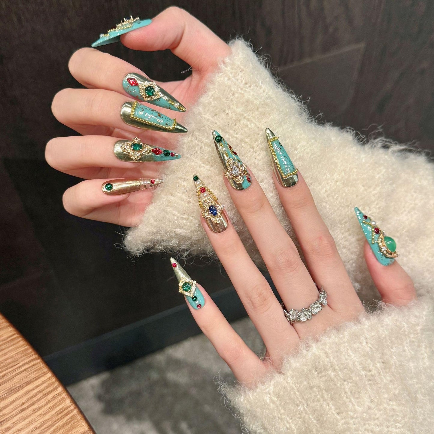 TENPAL Handmade Palatial Press On Nails Long Stiletto,Heirloom Chrysoberyl & Ruby Inlaid Designs Glue on Nails, Artisan Cameo False Nails 10Pcs with Tools Kit,Reusable Wedding Fake Nails for Bride(S)