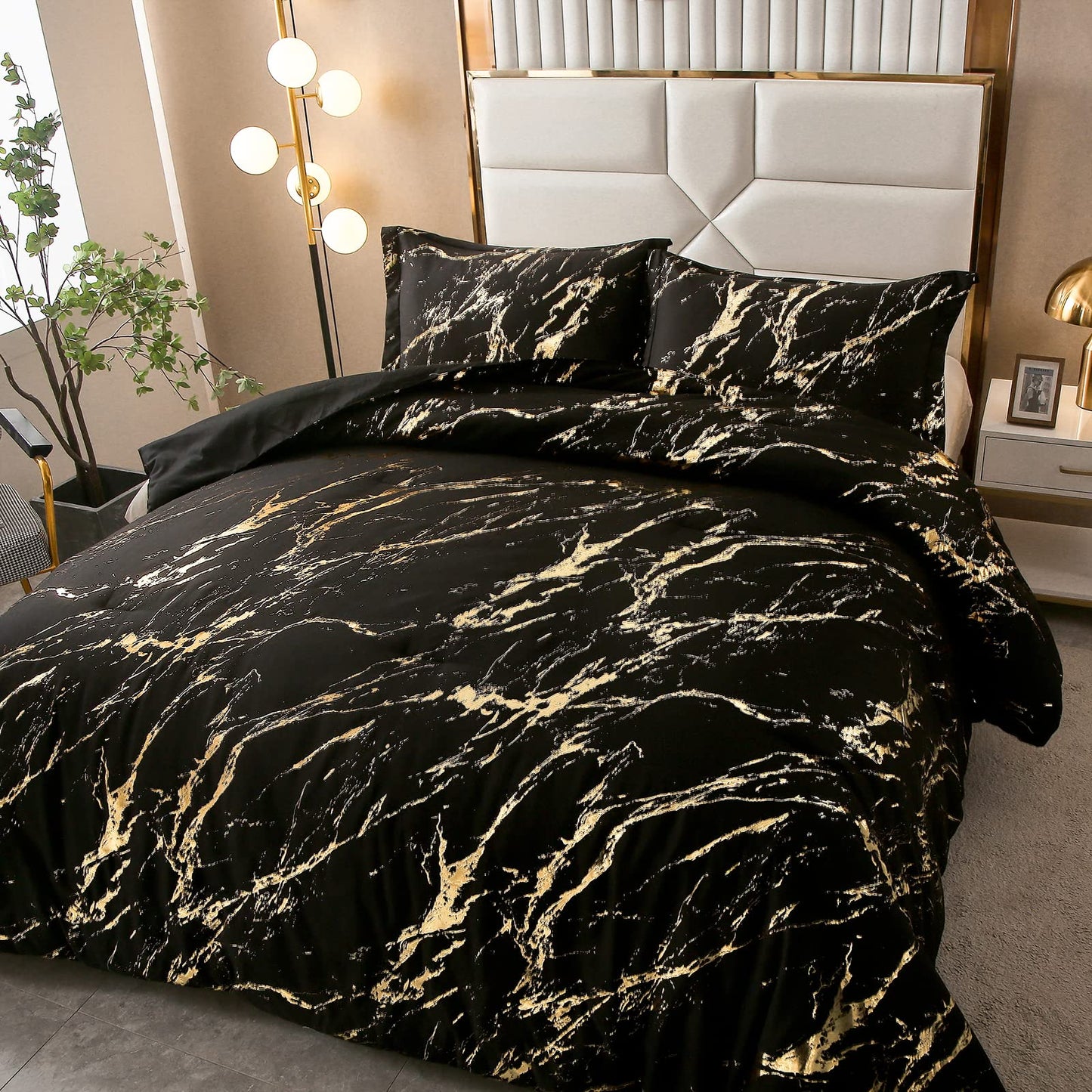 WONGS BEDDING Black Gold Metallic Marble Comforter Set Queen Foil Print Glitter Bedding Sets with 2 Pillowcases for All Seasons, Soft Microfiber Filling Bedding Duvet Set 90"x90"