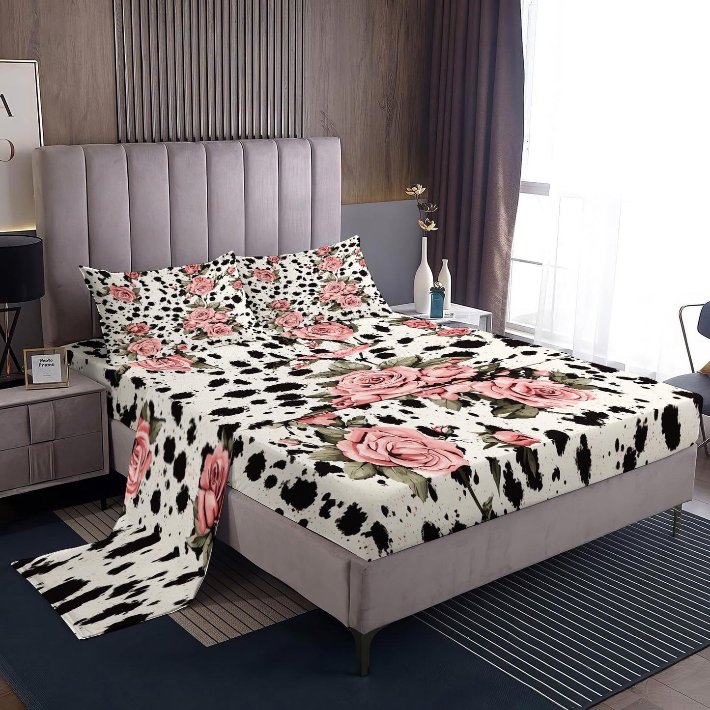 NOGAWA Pink Rose Sheets Queen, Cow Print Bed Sheets, Floral Flower Bedding Sheets, Soft Microfiber Deep Pocket Fitted Sheet, Flat Sheet, 2 Pillowcases