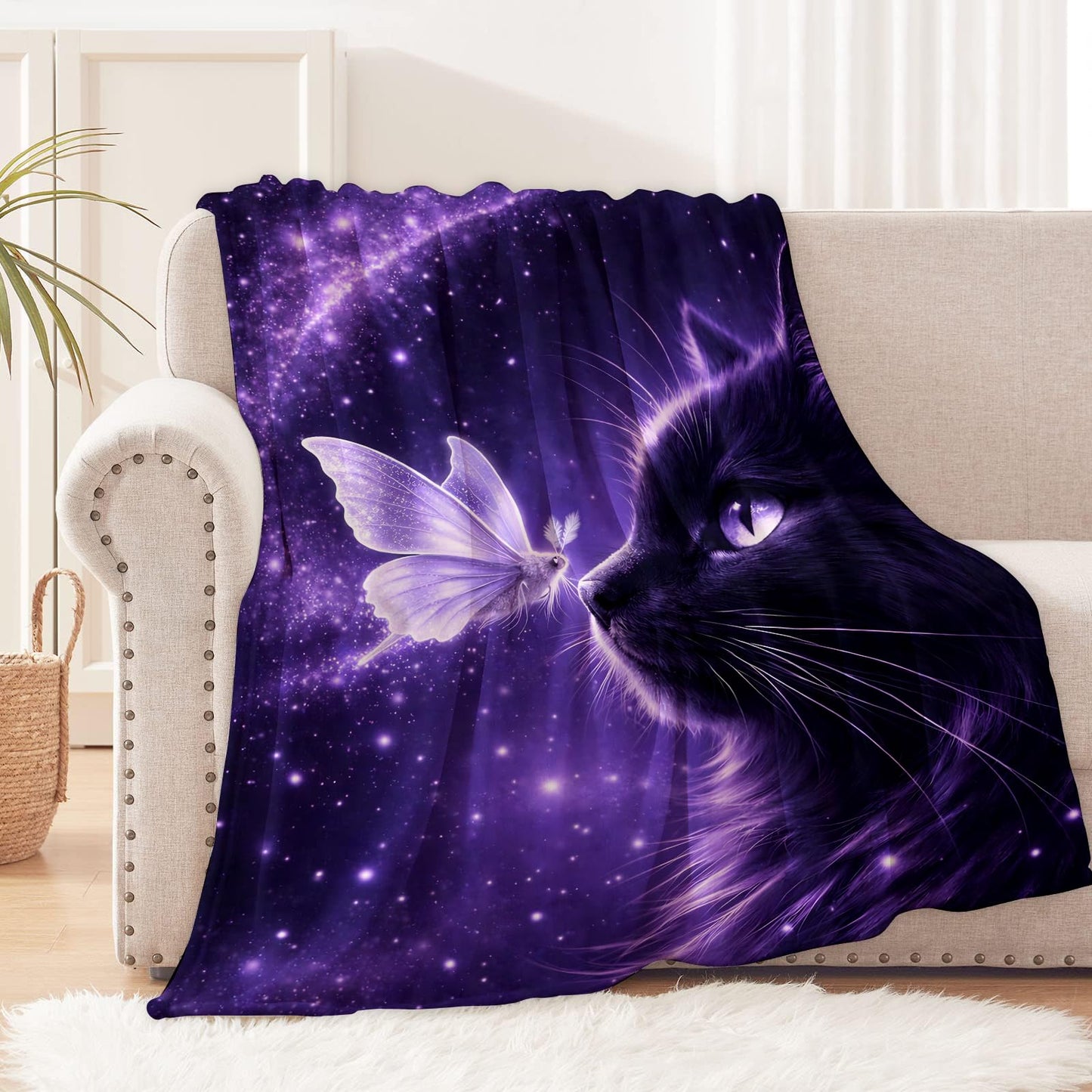 cromcu Fantasy Cat Flannel Throw Blanket, 50x60in, Soft Warm Cozy Blankets with Purple Kitten and Glowing Moth, Celestial Gifts for Girls Women Cat Lovers, Home Decor Dorm Office Travel Camping