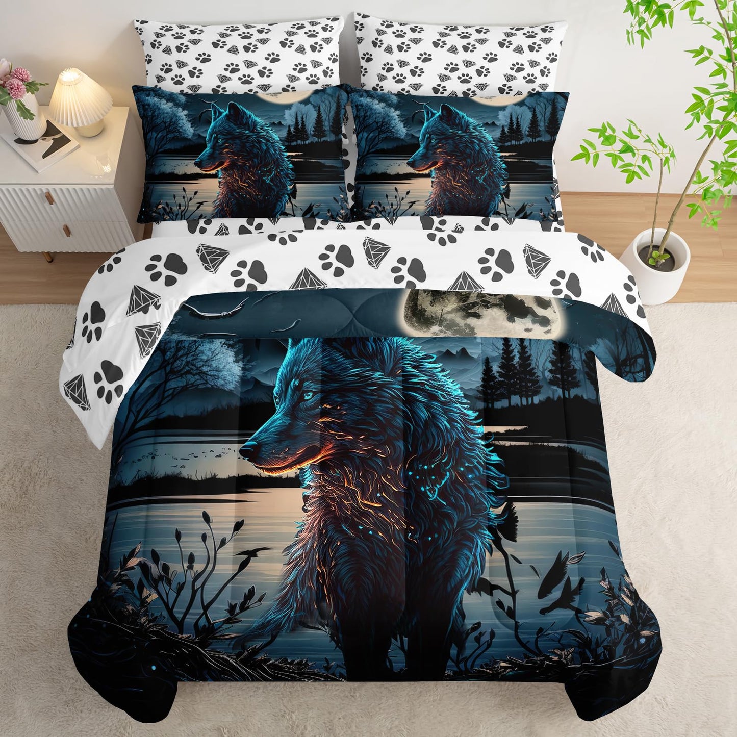 AILONEN Boys Wolf Comforter Set Twin Size,7-Piece Soft Bed in a Bag,Safari Animal Wolf Comforter & Fitted Sheet & Flat Sheet & 2 Pillowcases,2 Pillow Shams for Room