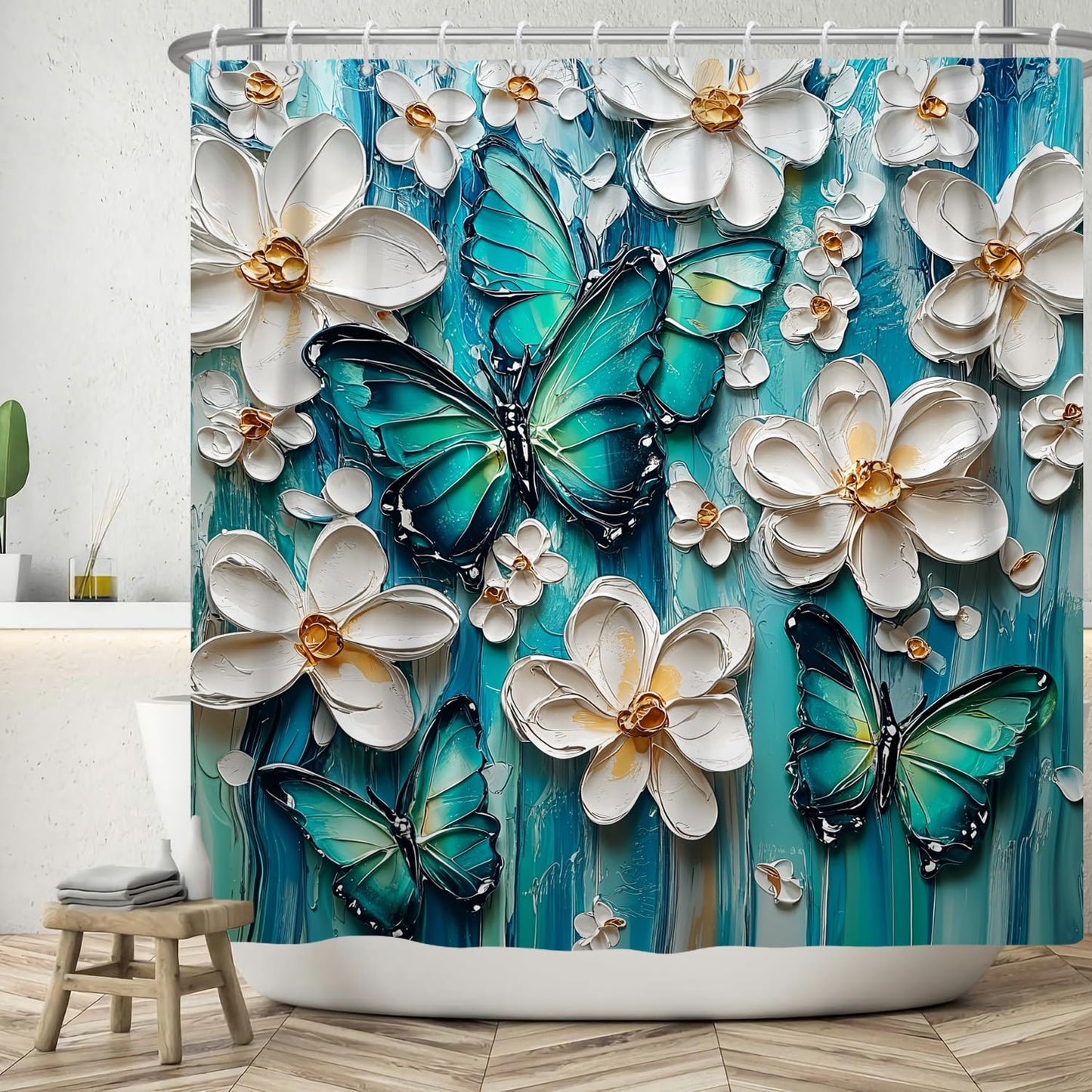 Pnylzzyxh Butterfly Shower Curtain Green Blue Oil Painting White Boho Flowers Bathroom Curtains Rustic Farmhouse Floral Washable Shower Curtain Sets 72x72 in with 12 Hooks