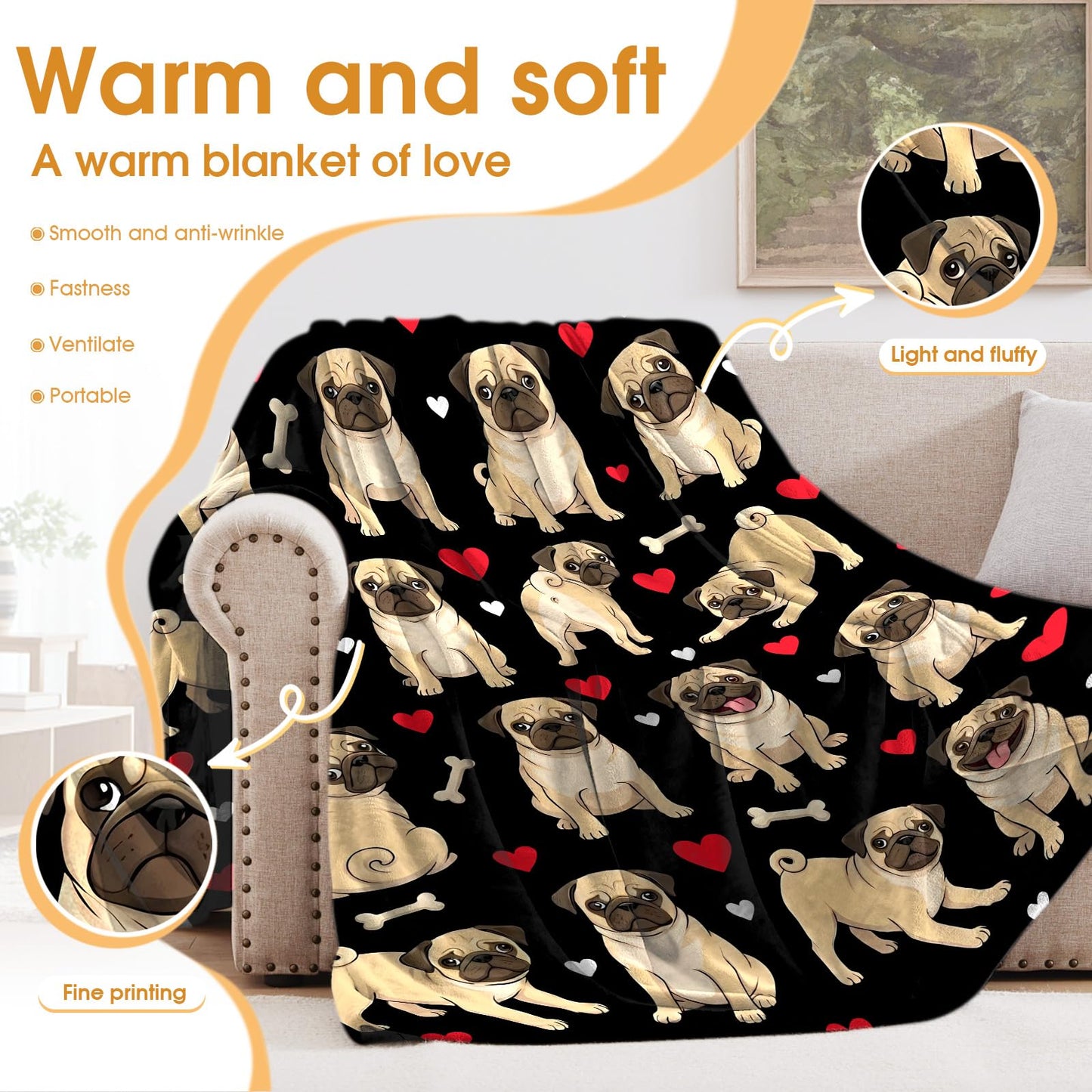 Hohoto Pug Throw Blanket for Girls Women, Gifts for Dog Lovers Birthday Christmas, Puppy Dogs Theme Decor for Home Bedroom Living Room Couch Sofa 50"x60"