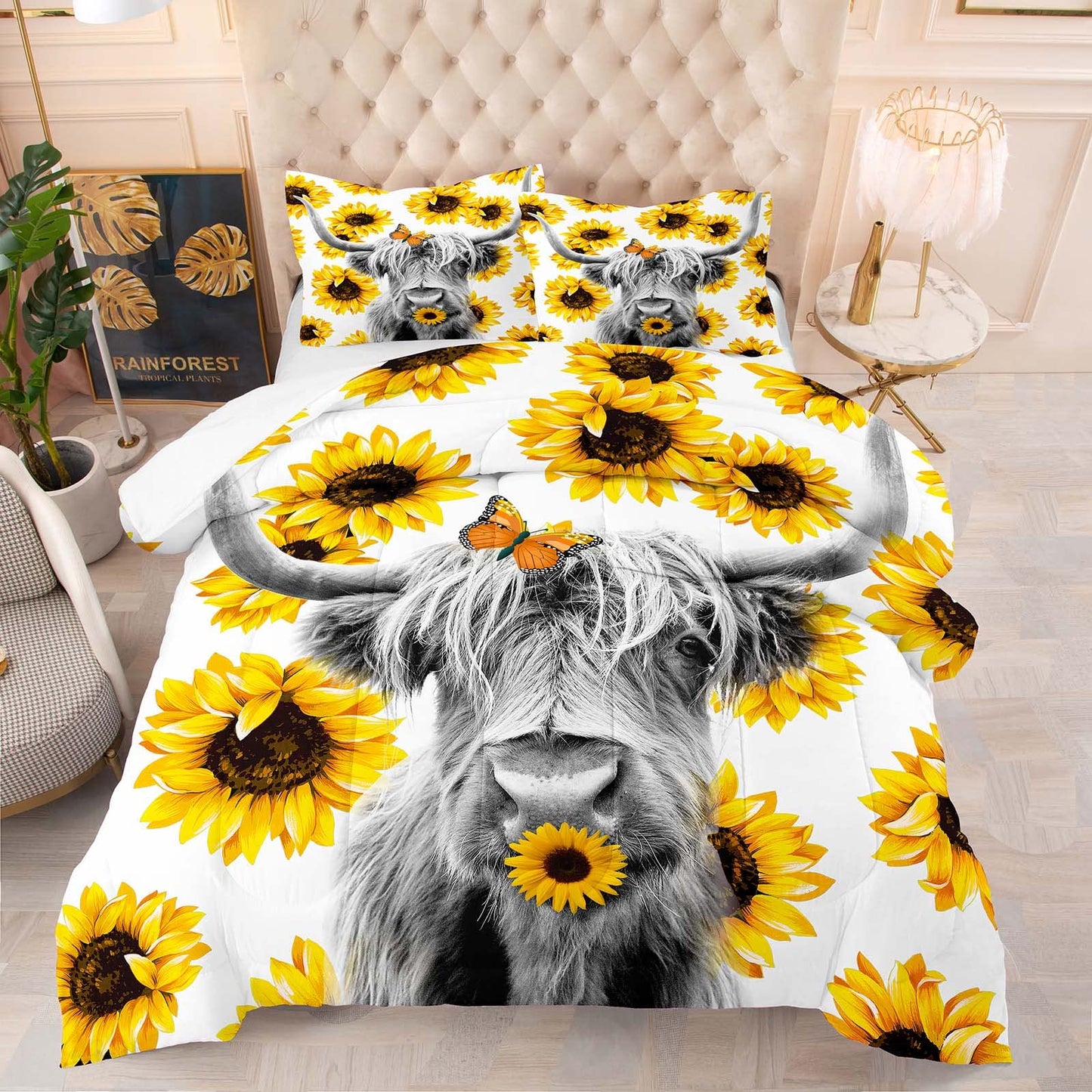 Tailor Shop Highland Cow Bedding Set Full Size ，Farmhouse Sunflower Highland Cattle Wild Animal 3D Print Comforter 3 Pcs Sets,with 1 Comforter 2 Pillowcases……