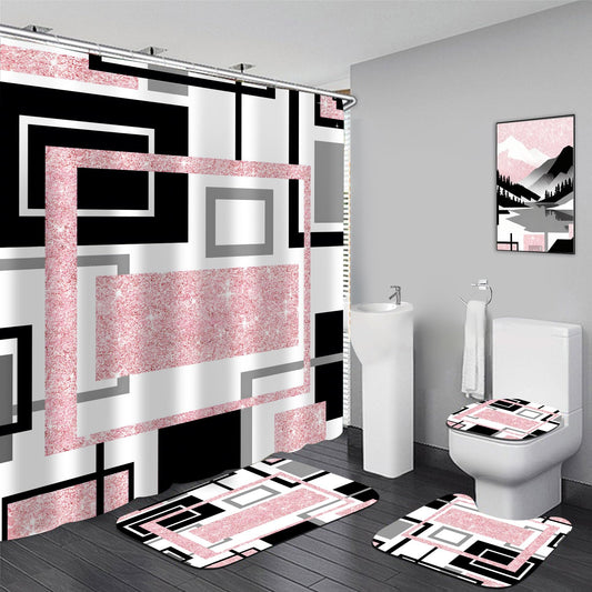 Yddsky 4 Pcs Pink Geometric Shower Curtain Sets Non-Slip Bath Rugs, Bathroom Accessories,Bathroom Sets with Shower Curtain and Rugs, Pink Geometric Modern Bathroom Decor with 12 Hooks