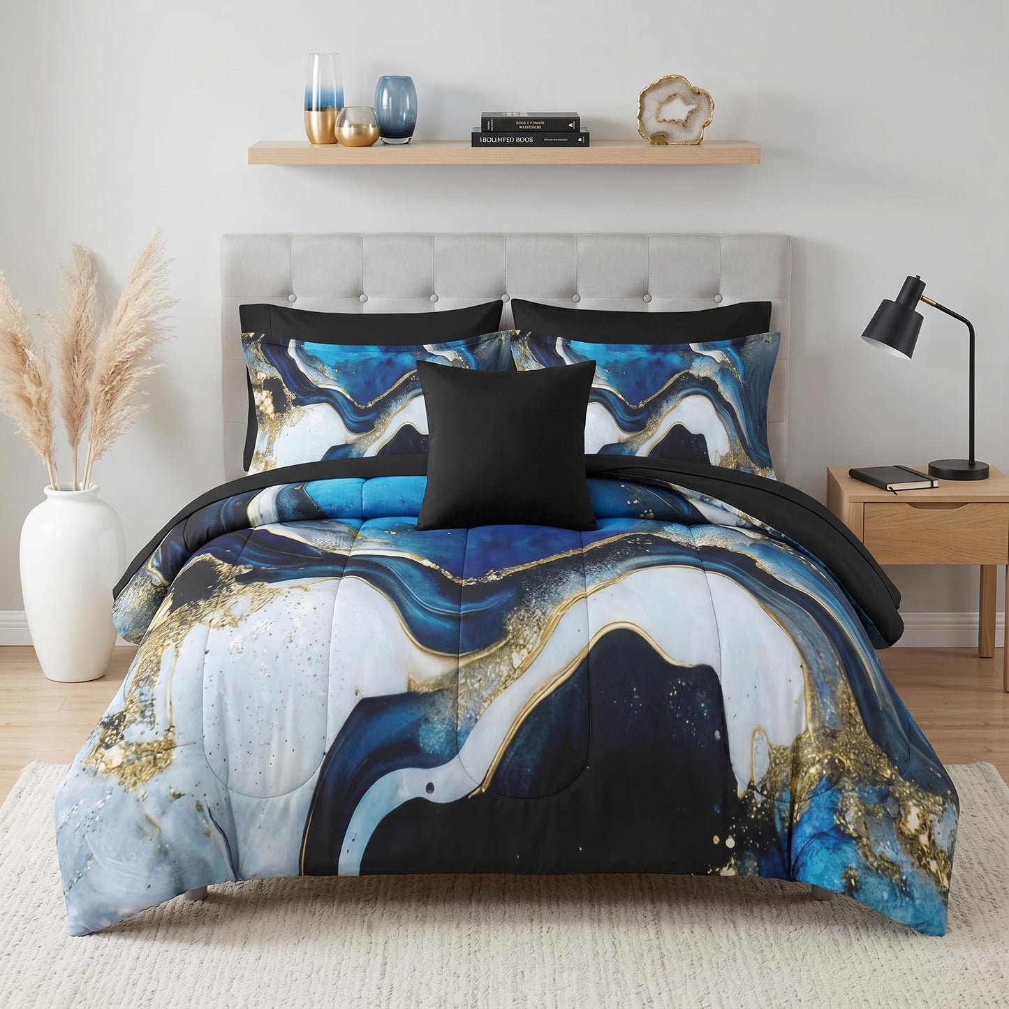 Pamnest Comforter Set Twin Size, Deep Blue Marble 5 Pcs Bedding Set for Kids and Adults, Gold Stone Bed Sheet Sets with Fitted Sheet Pillowcase & Sham for Bedroom Bed Decor