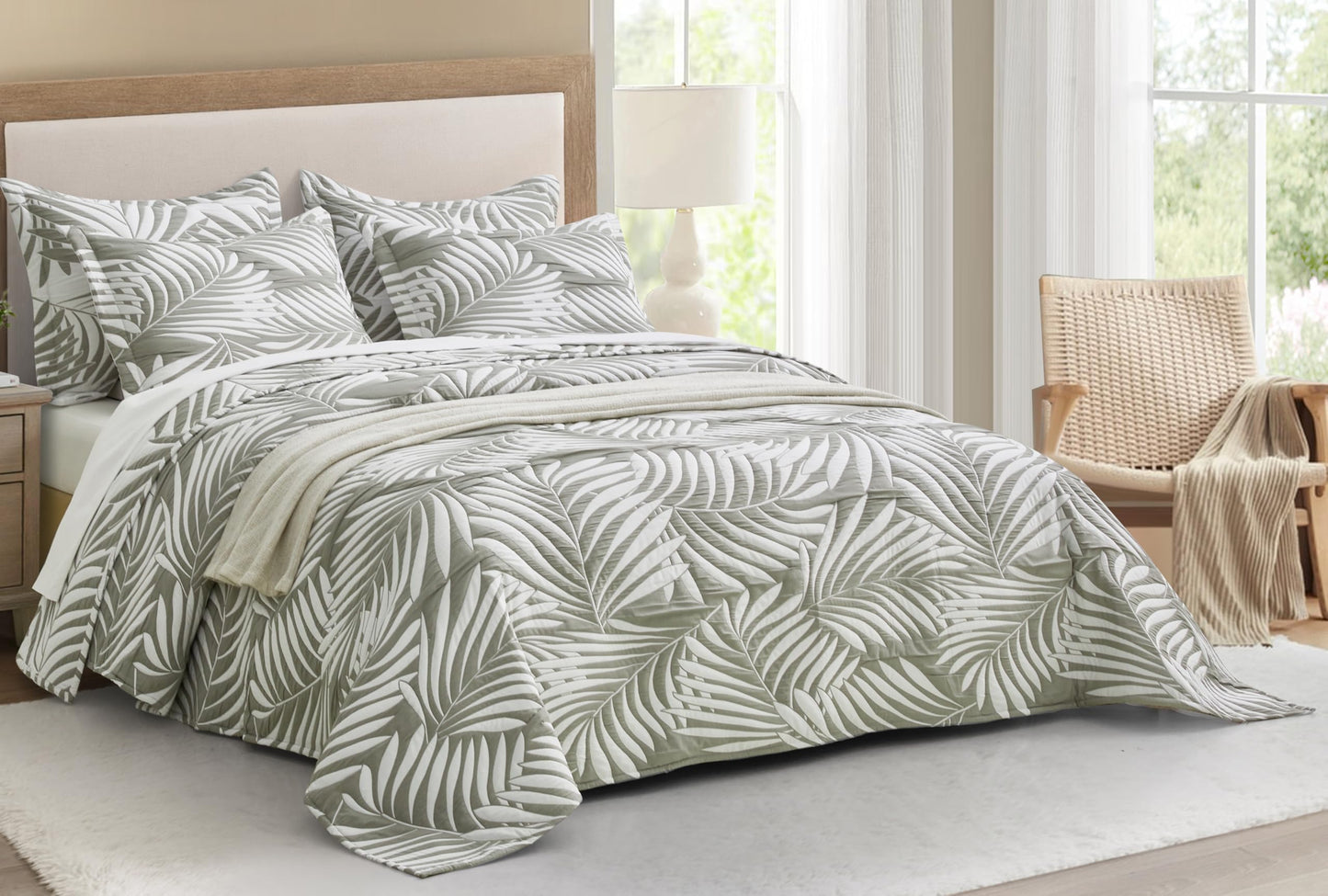 Chezmoi Collection Oversized Bedspread 100x106, Jacquard Matelasse Leaf Damask Design, 5-Piece Lightweight Reversible Microfiber Bedding Coverlet Set for All Season, Queen, Platinum Gray/White