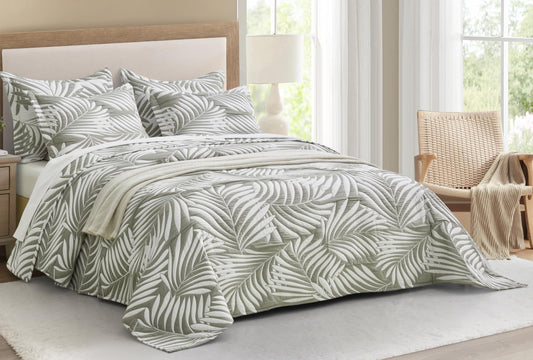 Chezmoi Collection Oversized Bedspread 100x106, Jacquard Matelasse Leaf Damask Design, 5-Piece Lightweight Reversible Microfiber Bedding Coverlet Set for All Season, Queen, Platinum Gray/White