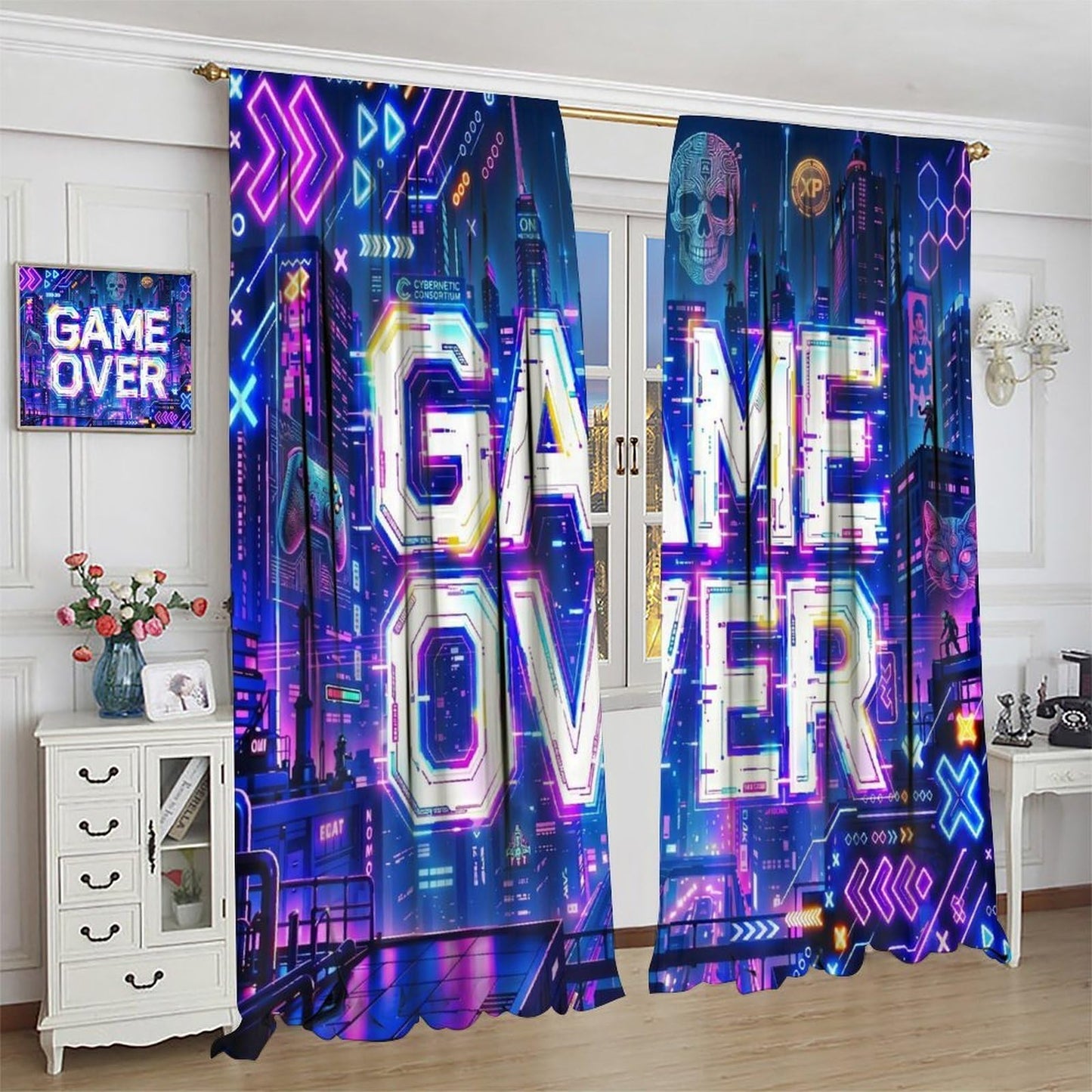 VUMIVI Game Over Curtains Cyberpunk Neon Cityscape Video Game Futuristic Tech Skull Rod Pocket Window Treatments for Boys Bedroom Gamer Room Apartment Dorms Cafe 42" W X 44.5" L