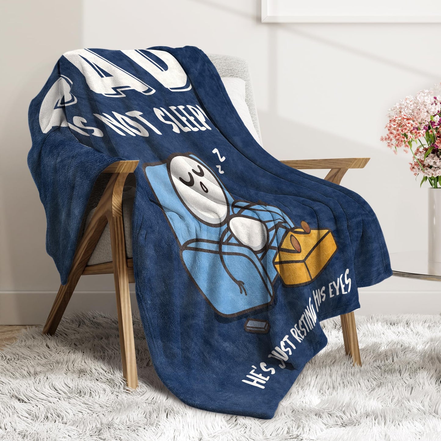 GoMelley Funny Fathers Day Birthday Gift for Dad Husband, Dad is Not Sleeping Blanket, Dads Gifts from Daughter Son, Super Soft Throws Blanket for Couch and Napping, 60" x 50" (Blue)