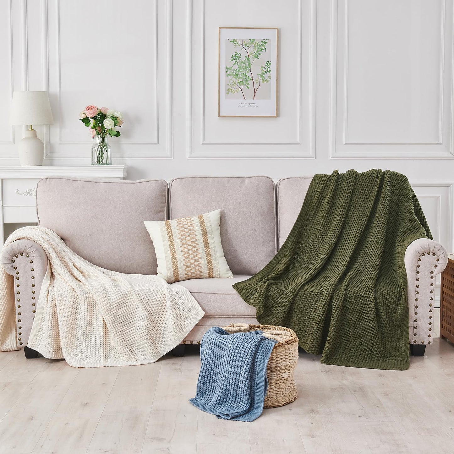 Douceur Cream Throw Blanket for Couch, Soft Chunky Cable Knit Throw Blanket, Classic Fisherman's Rib Stitch Pattern Throw for Living Room,50"X60"