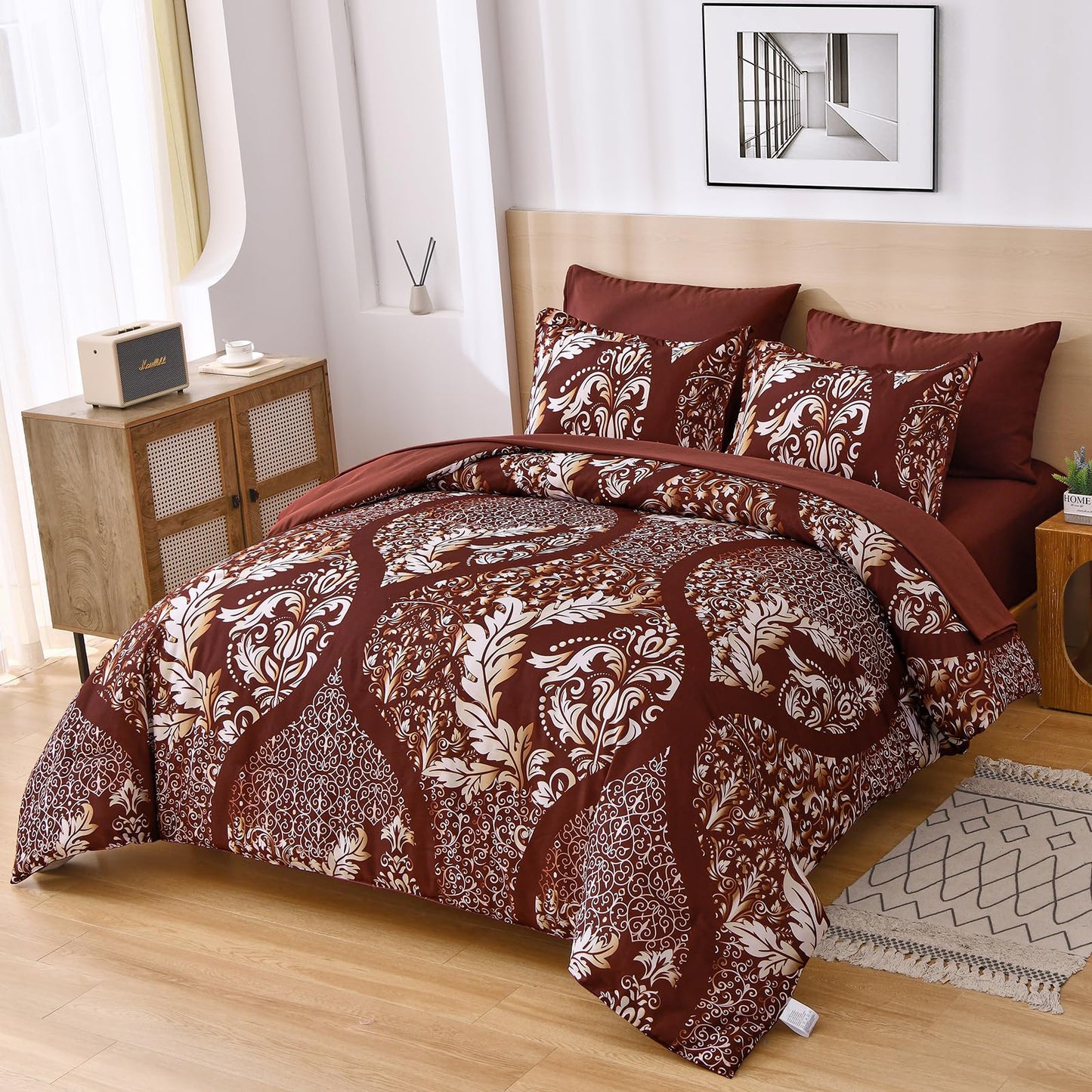 Anibedding Burgundy Comforter Set King Size, 7 Pieces Bed in a Bag Bohemian Damask Comforter Set, Soft Lightweight Microfiber Bedding Set for All Season (104"x90")