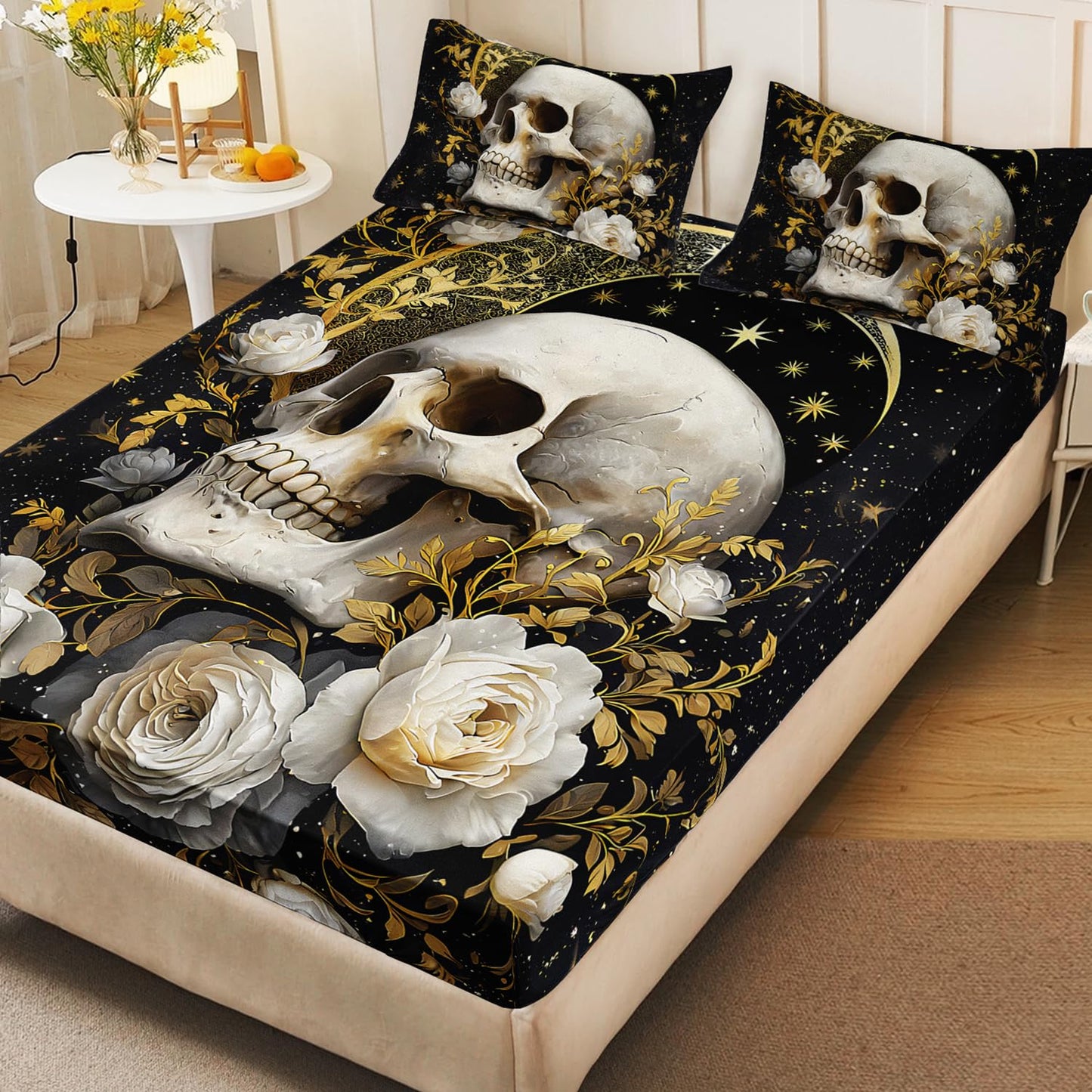 HOSIMA Death Skull Head Twin Fitted Sheet,Moon and Flowers Printed Gothic Bedding for Boys Girls Room Decor,Glowing Stars Aesthetic Background Pattern Halloween Bedding,1 Fitted Sheet+2 Pillowcases.