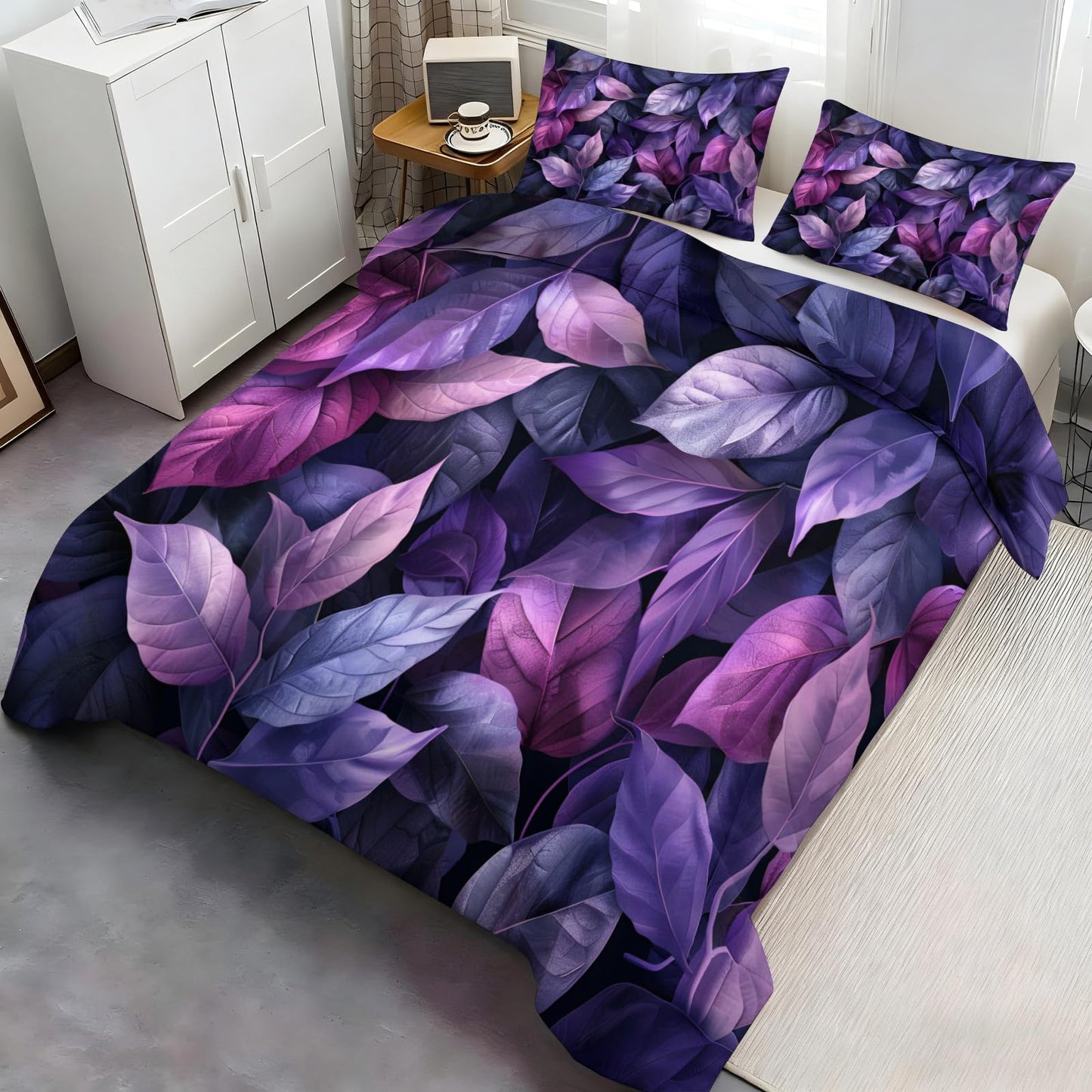 ZAMODE Leaf Duvet Cover Oversized King Size, Purple Leaves Comforter Cover 120" x 98", Dark Plants Bedding Set with 2 Pillowcases
