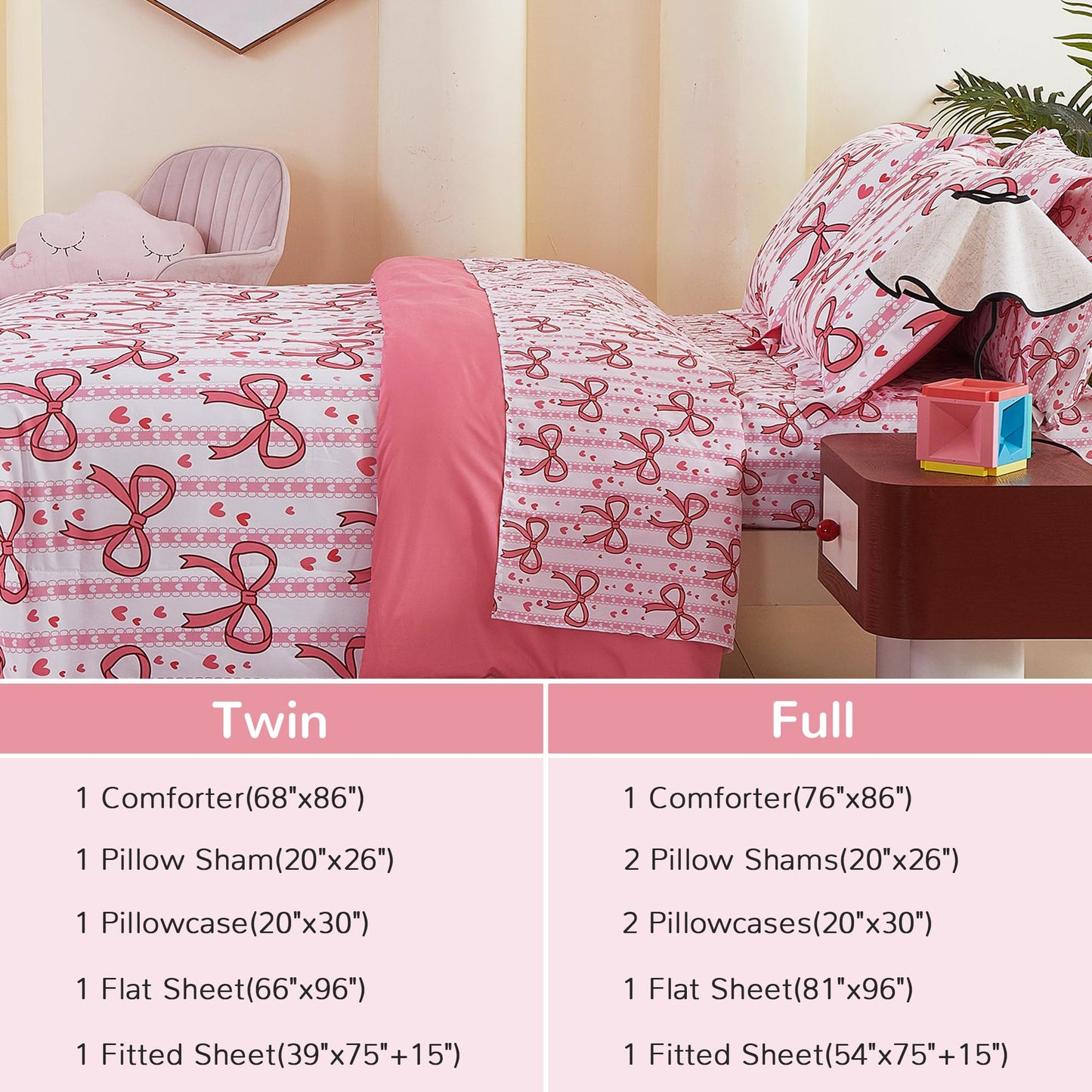 Viviland Kids Full Bedding Sets for Girls, Soft Full Comforter Set with Sheets, 7 Pieces Microfiber Bed in a Bag, Pink Bow