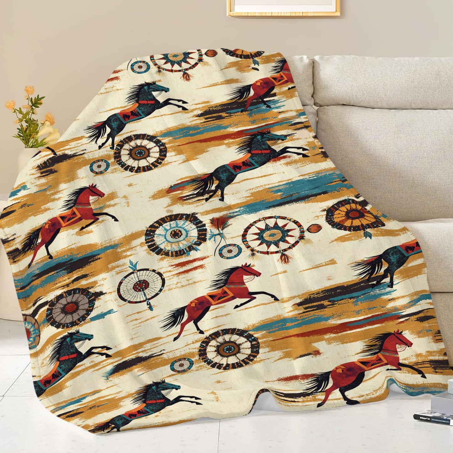 Dynova Horse Blanket Cozy Plush Western Cowboy Throw Blankets Fuzzy Flannel Fleece Cowgirl Native Gifts for Girls Boys Women Men 50"X40"
