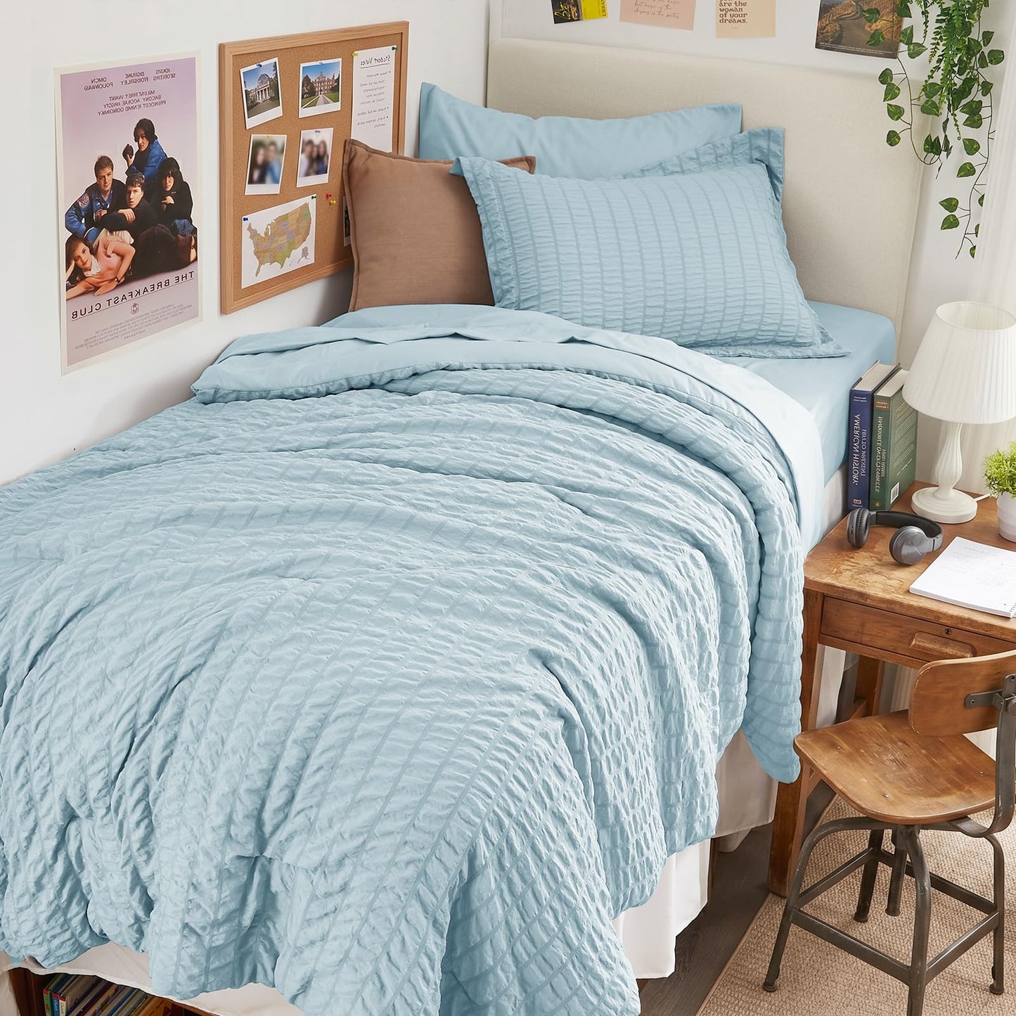 HYMOKEGE Lake Blue Twin Comforter Set Seersucker 5 Pieces, All Season Luxury Bed in a Bag for Bedroom, Bedding Set with Comforters, Sheets, Pillowcase & Shams