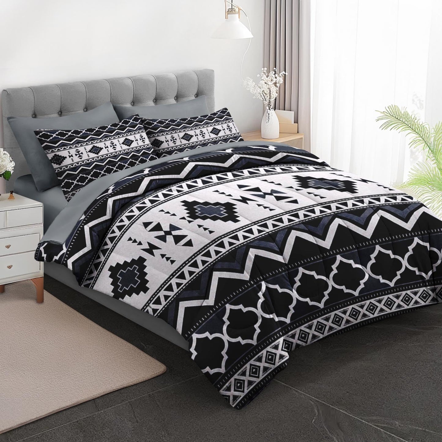 Boewywh Comforter Set King Size, Aztec Southwestern Boho 7 Pcs Bedding for Kids and Adults, Geometric Western Bed Sheet Sets with Fitted Sheet 2 Pillowcases & 2 Shams for Bedroom Bed Decor