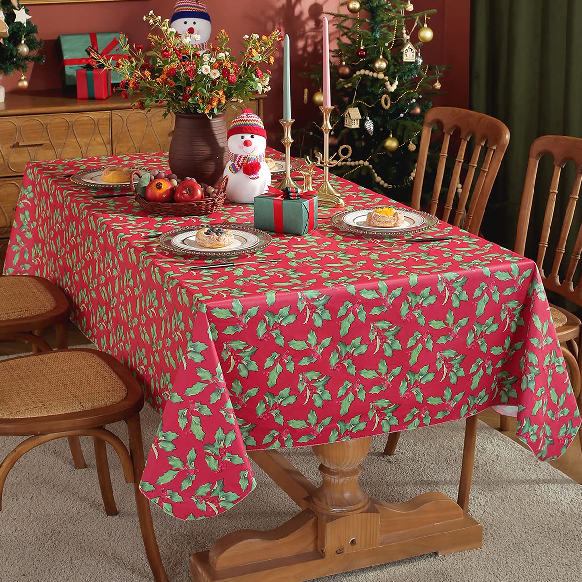 Christmas Tablecloth Rectangle Vinyl Flannel Backing, Floral Holly & Berry Print Waterproof Plastic Heavy Table Cloth for Dining, Buffet Party & Outdoor Decorations, 52 x 70 Inch Red
