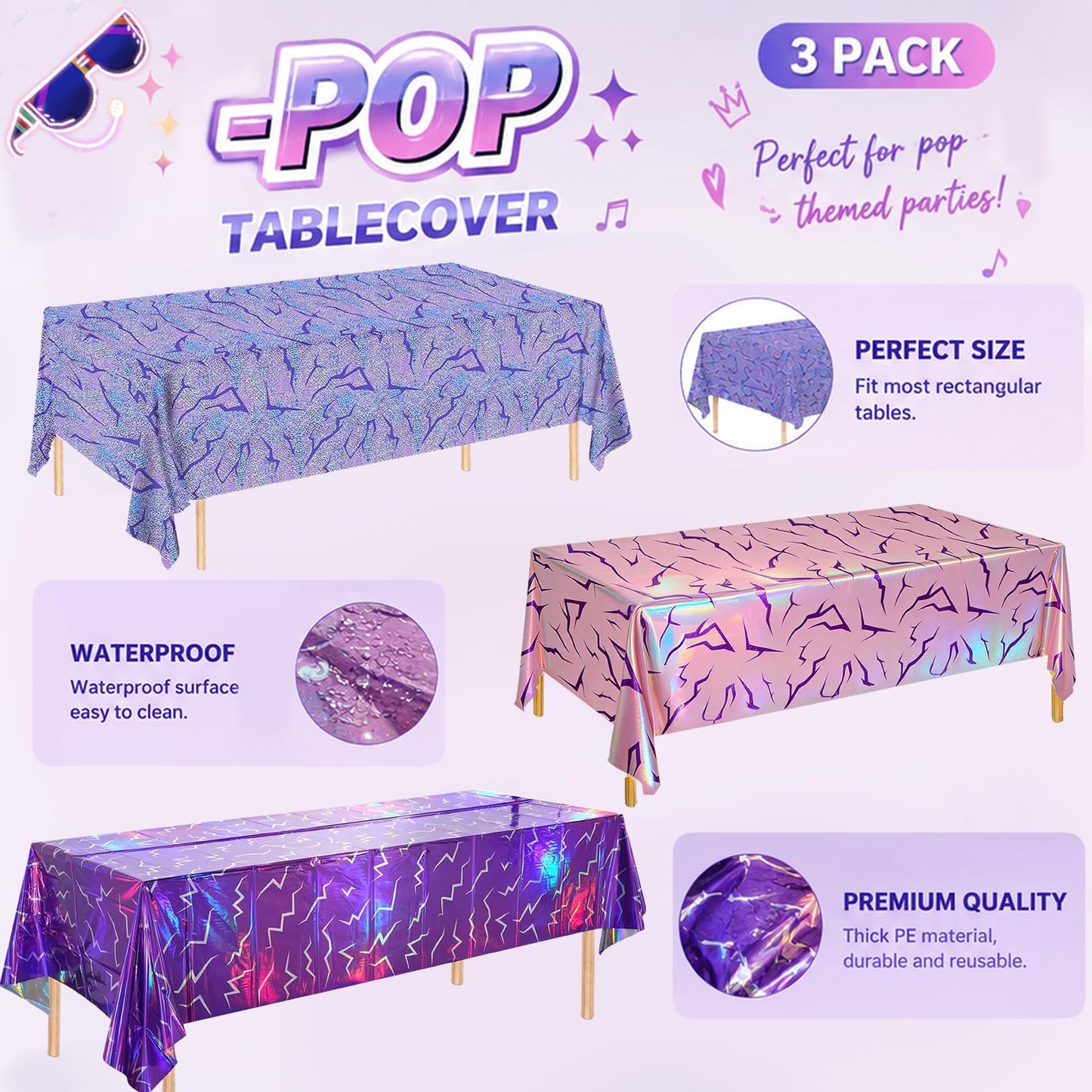 WPDISCZ 3PCS Magical Music Party Tablecloths - Demon Decorations,Pink Purple Lightning Pattern Disposable Plastic Table Covers 54x108 Inch for Korean Anime Themed Party Supplies
