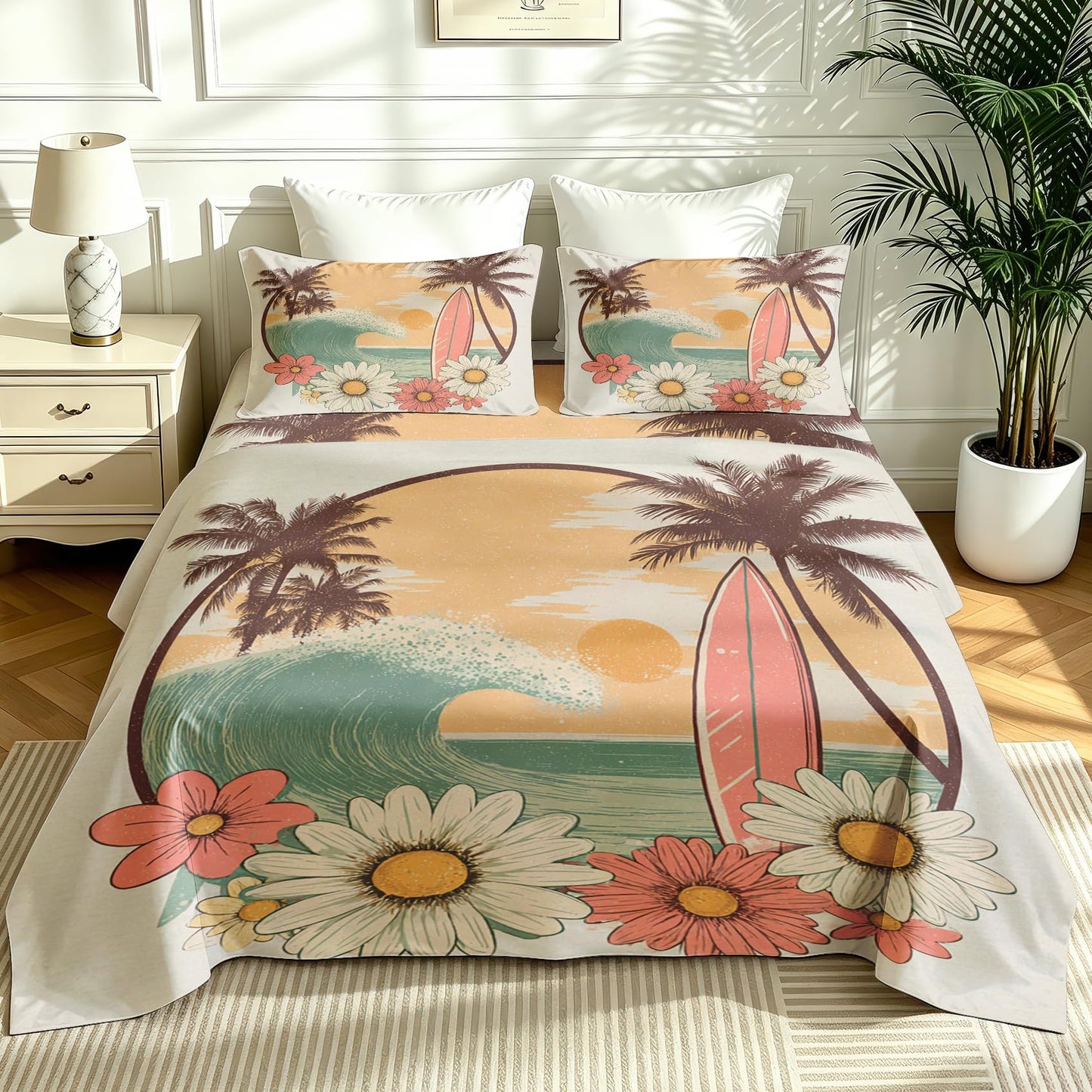 Tropical Beach Sheet Set, 4 Pcs Full Size Surfing Themed Bed Sheets