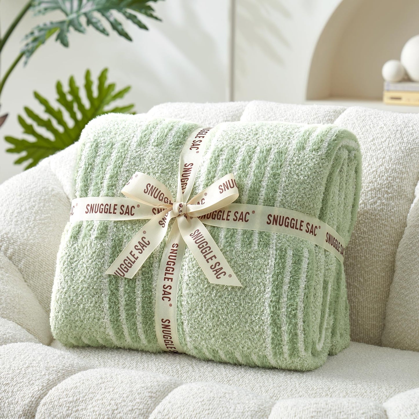 Snuggle Sac Sage Green Checkered Throw Blanket, Super Soft Reversible Cozy Warm Faux Fur Blankets for Couch Bedroom,Cute Lightweight Striped Throws for Women,Heather Sage Green,50x60 inches