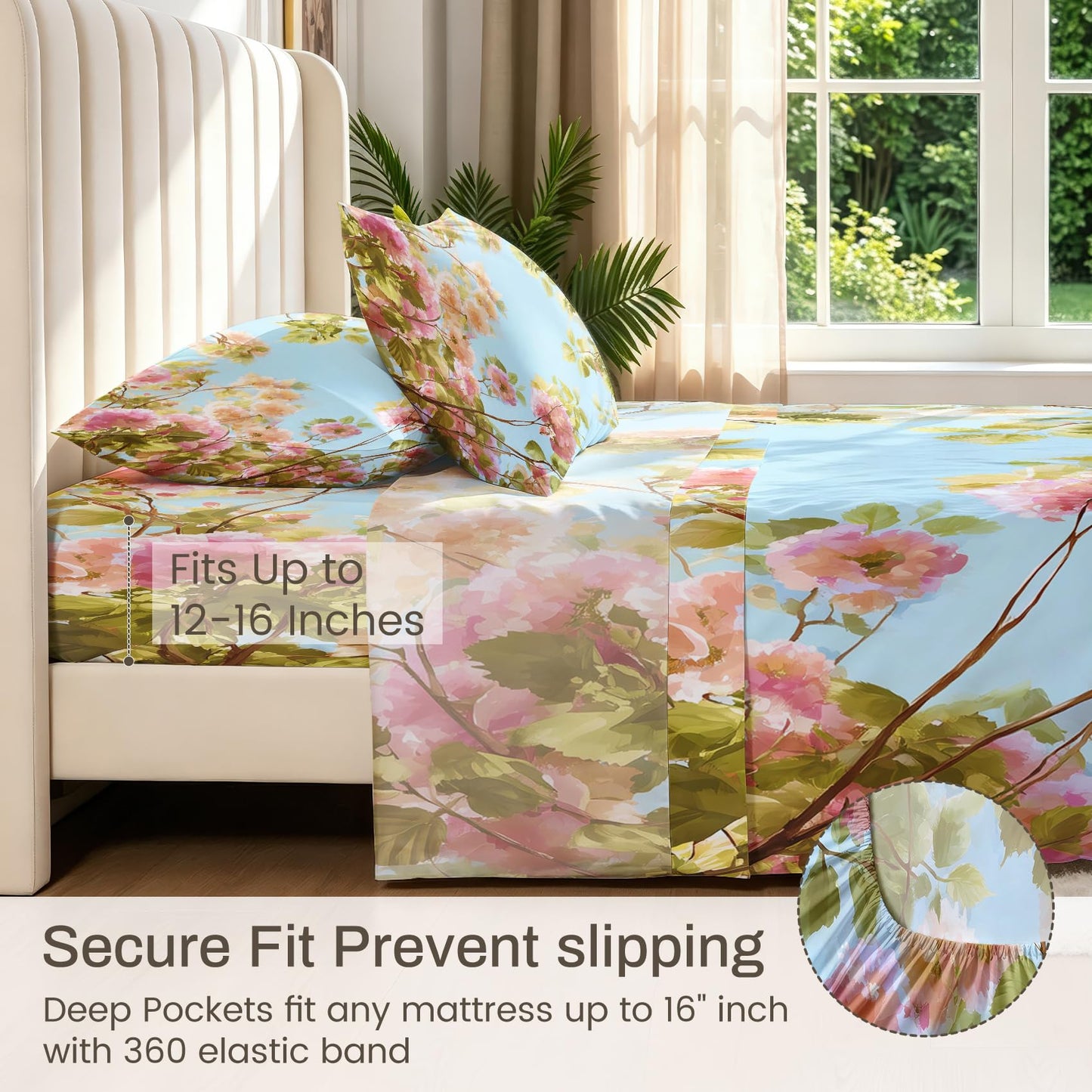 Spring Flower Bedding Set 4 Pcs Blue Sky Floral California King Sheets