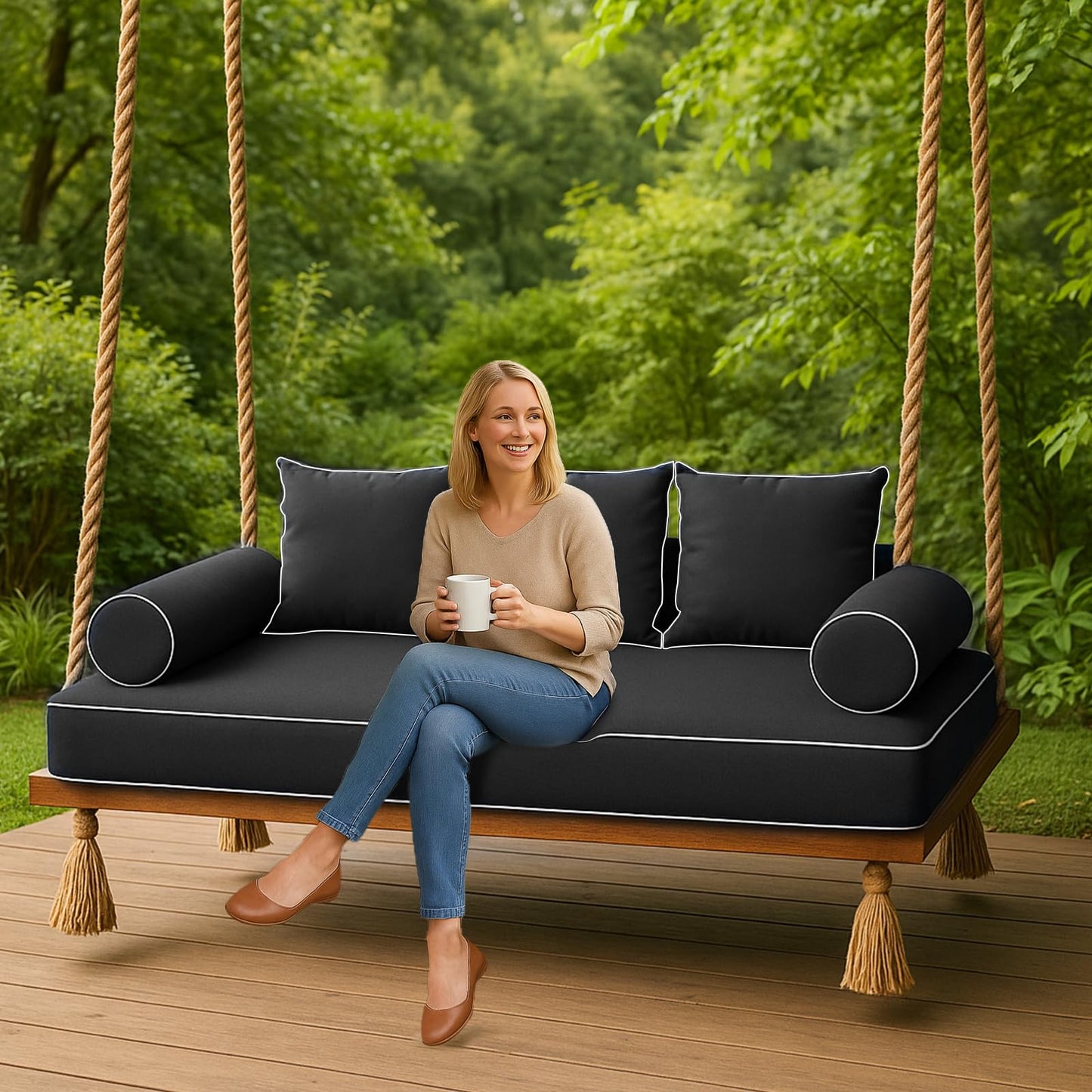 NSFBZA Outdoor Twin Size Mattress Cover for Patio Swing Bed,Porch Daybed Cushion Covers with Zipper,Twin Piped Trim Daybed Mattress Bolster Pillow Fitted Sheet Cover (Dark Gray, 75 * 39 * 6in)