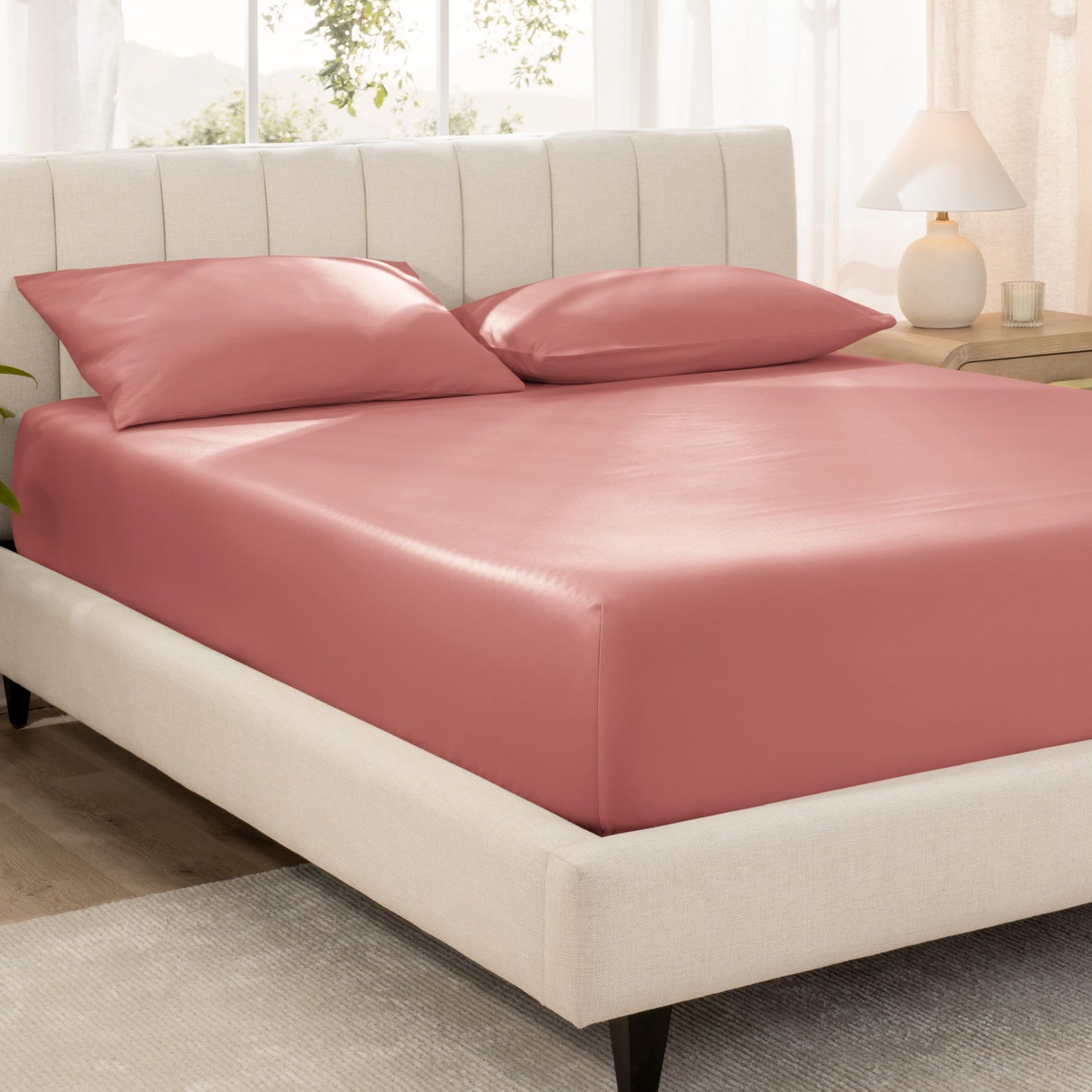 Bare Home 100% Organic Cotton Sateen Fitted Sheet - 400 Thread Count - Smooth Sateen Weave - Breathable & Cooling - Hotel Luxury - Durable Fitted Sheet - Deep Pocket (King, Dusty Rose)