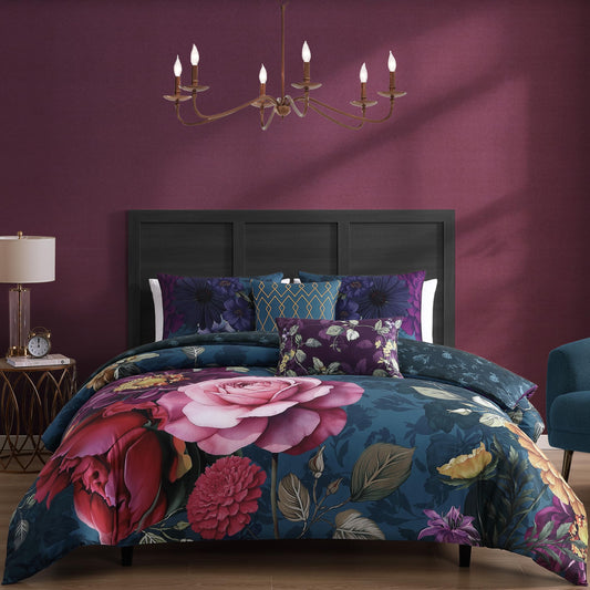 Bebejan Vibrant Flora 5 Piece Comforter Set, 100% Cotton Sateen, 220 Thread Count, Reversible Bedding Comforter Set, 1 Comforter, 2 Shams & 2 Pillows (King/Cal King)