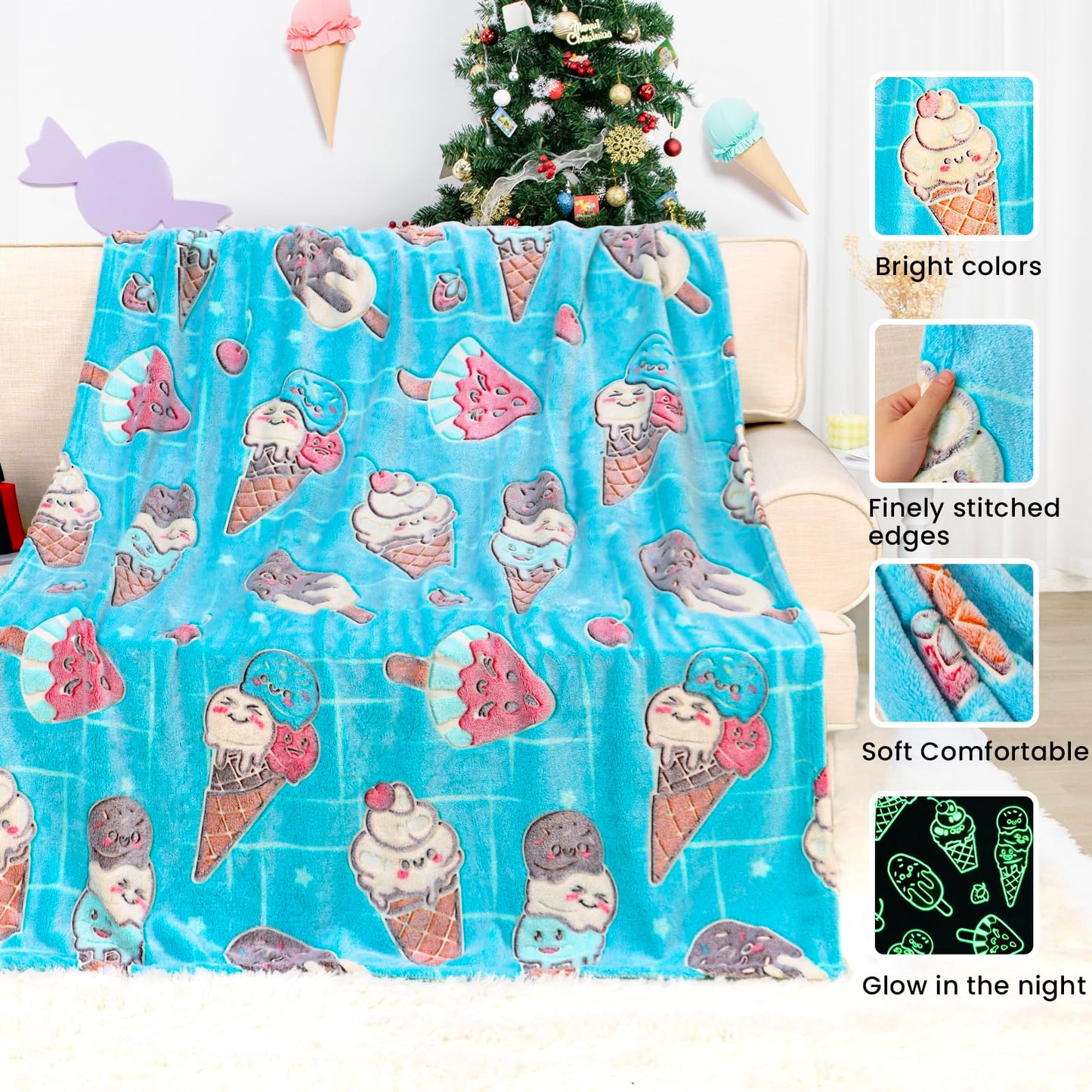 OHOIT Ice Cream Gifts for Girls, Glow in the Dark Blanket for Kids, Cute Summer Throw Blankets for Toddlers, Funny Birthday Gifts for Teens Girls, 50"x60"