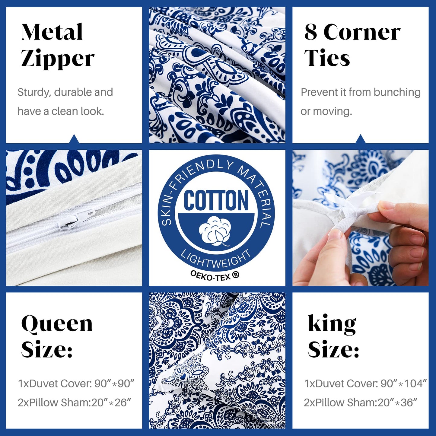 CozyDH 100% Cotton Home Damask Medallion Luxury Duvet Cover Set King Size Boho Paisley Print Bedding Set 400 Thread Count Prewashed Cotton Sateen Vibrant Bohemian Pattern (Royal Blue, King)