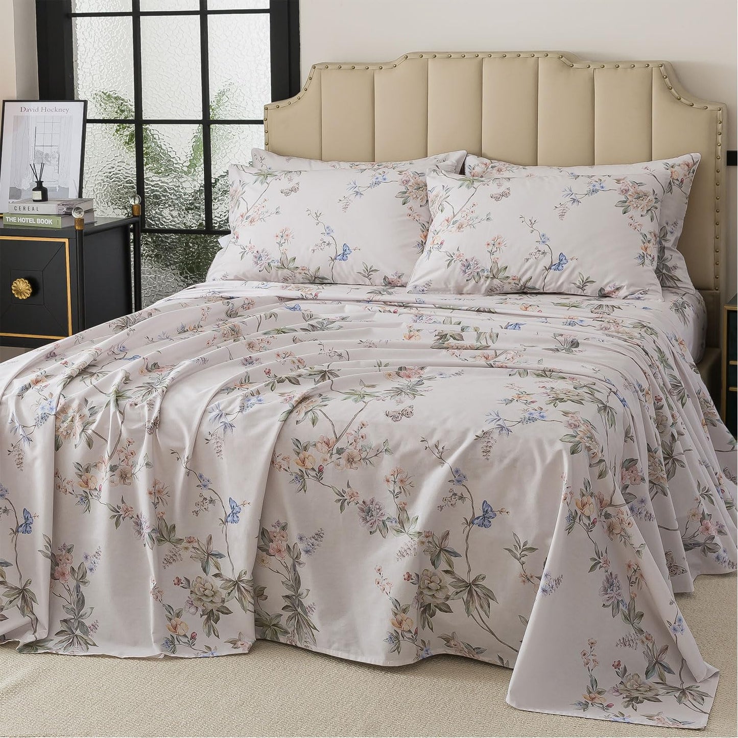 FADFAY Queen Size Sheets Set – 4 Pieces Percale Cotton Deep Pocket Fitted Sheet, Crisp, Breathable & Soft, Country Style Floral & Butterfly Pattern Bedding for All Seasons