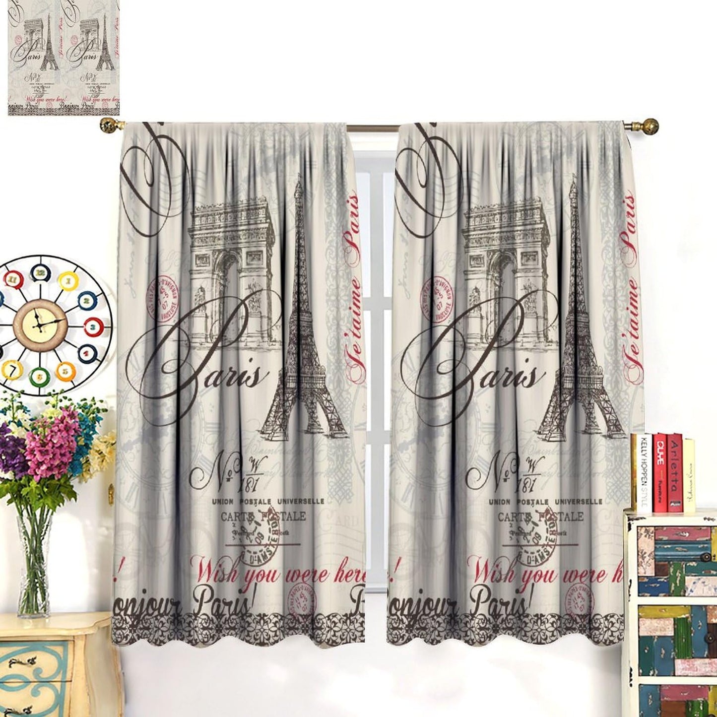 VUMIVI Vintage Stamps Curtains Paris Eiffel Tower Arc De Triomphe Postmarks Blessings Window Treatments for Bedroom Living Room Office Kitchen 42" W X 44.5" L