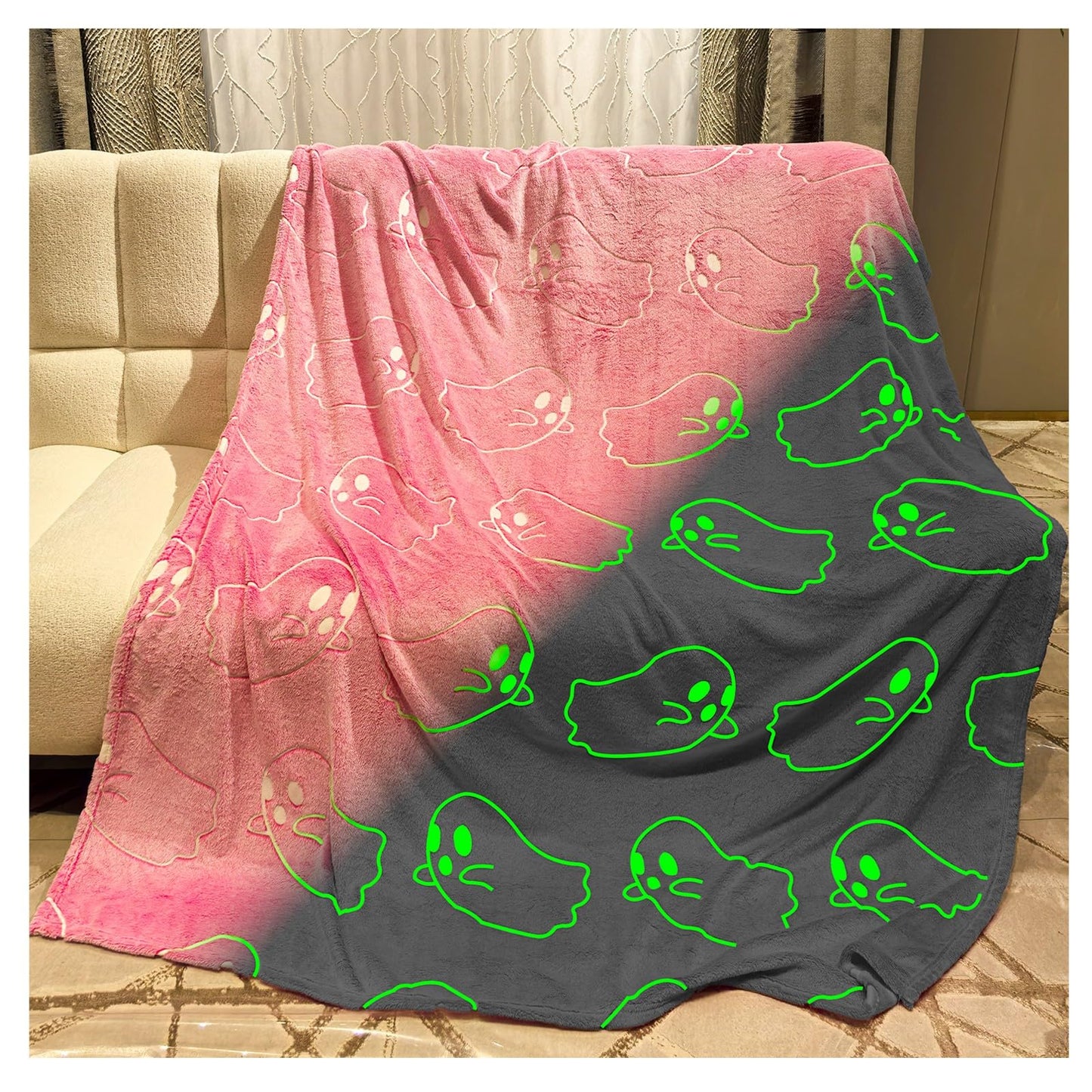 Pink Ghost Throw Blanket Glow in The Dark Blanket Flannel Soft Cute Decor Room for Girl Women Friends for Sofa Couch Bed(Pink, 40"x50")