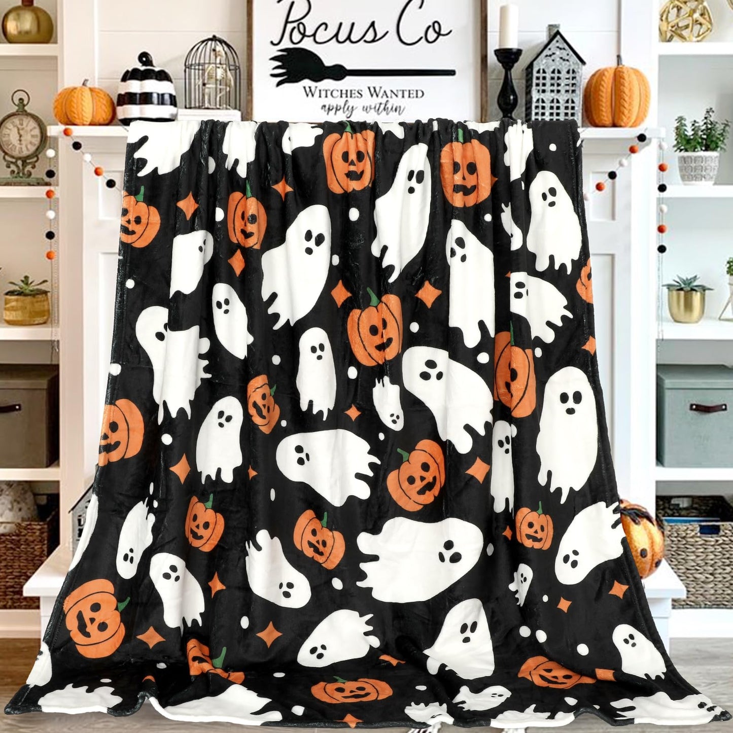 JarThenaAMCS Halloween Fuzzy Flannel Blanket Boo Ghost Pumpkin Throw Blanket Black Soft Blankets for Farmhouse Home Sofa Chair Bed Couch, 60 x 70 Inch